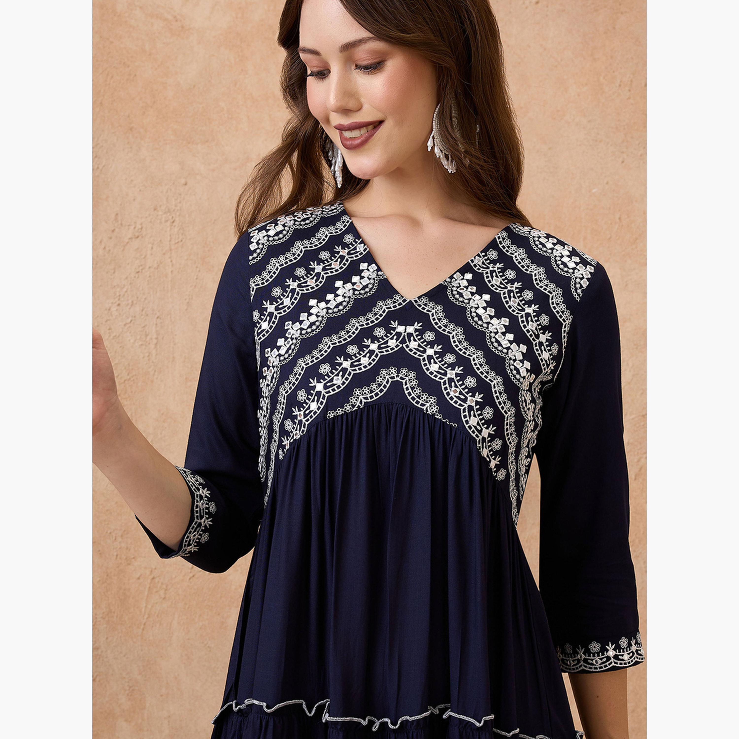 Globus X Styli Floral Embroidered Yoke Tiered Alia Cut Ethnic Dress-women-clothing-ethnicwear-dresses-image-5