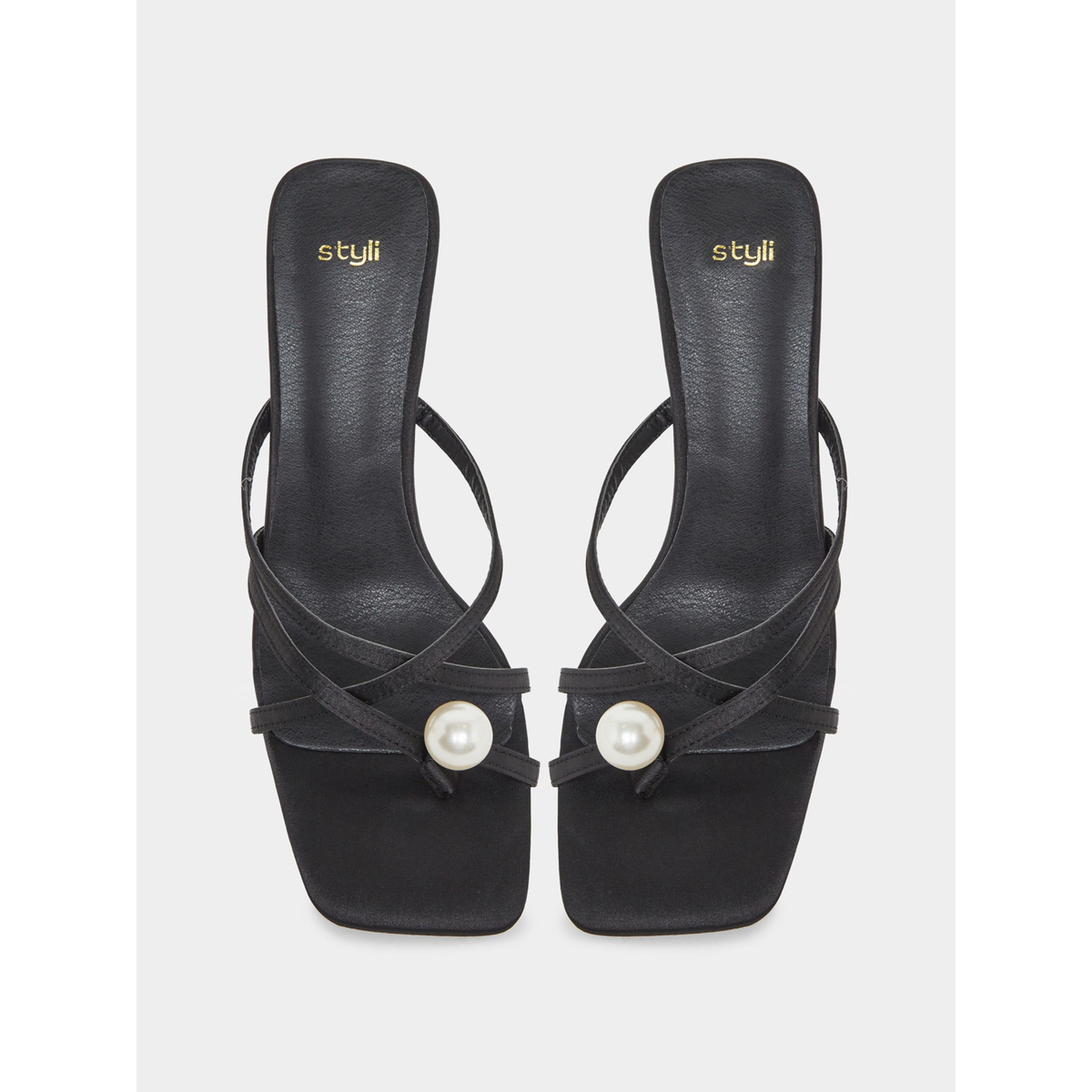 Styli Black Pearl Detail Kitten Heel Sandal-women-shoes-sandals-heeled-image-4