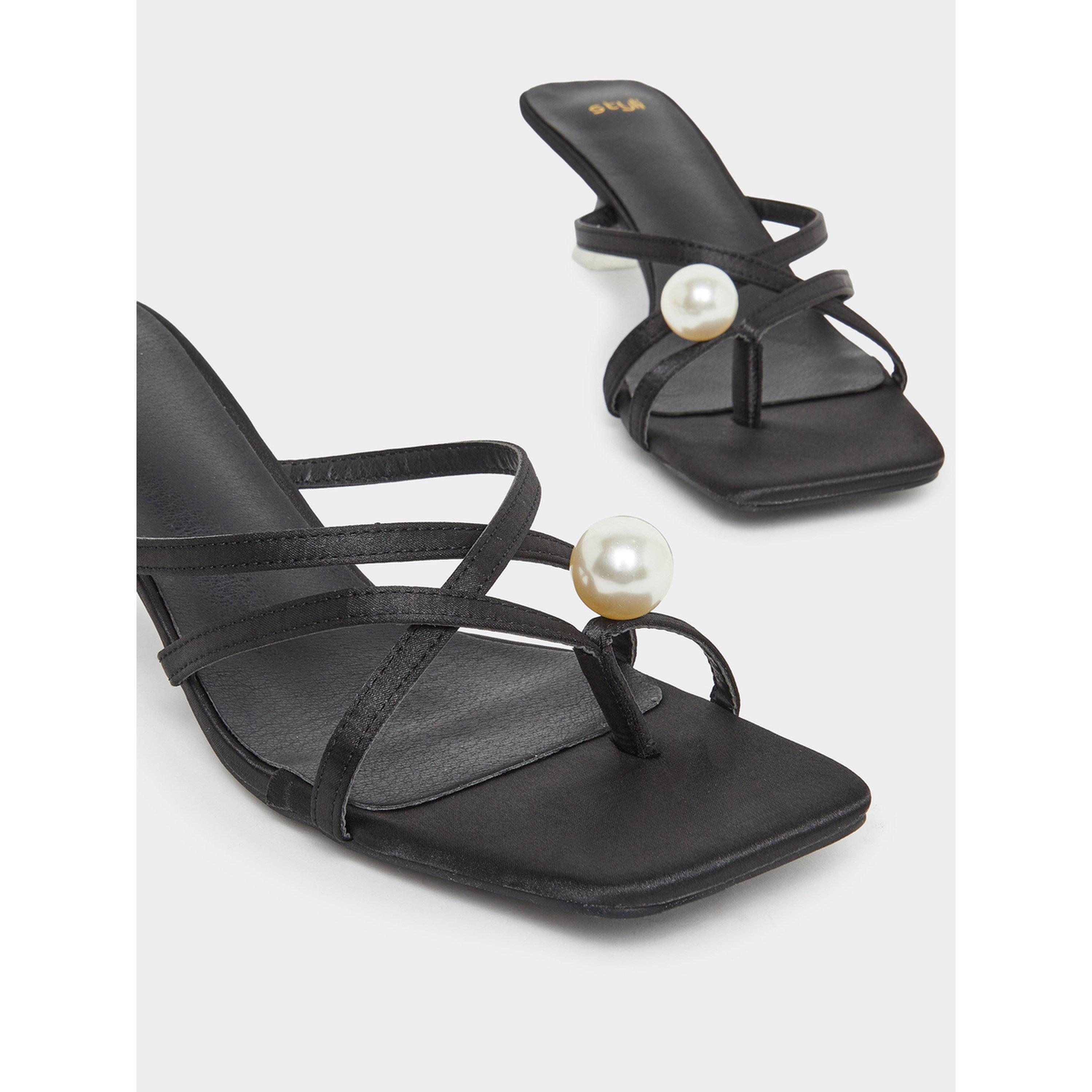 Styli Black Pearl Detail Kitten Heel Sandal-women-shoes-sandals-heeled-image-5