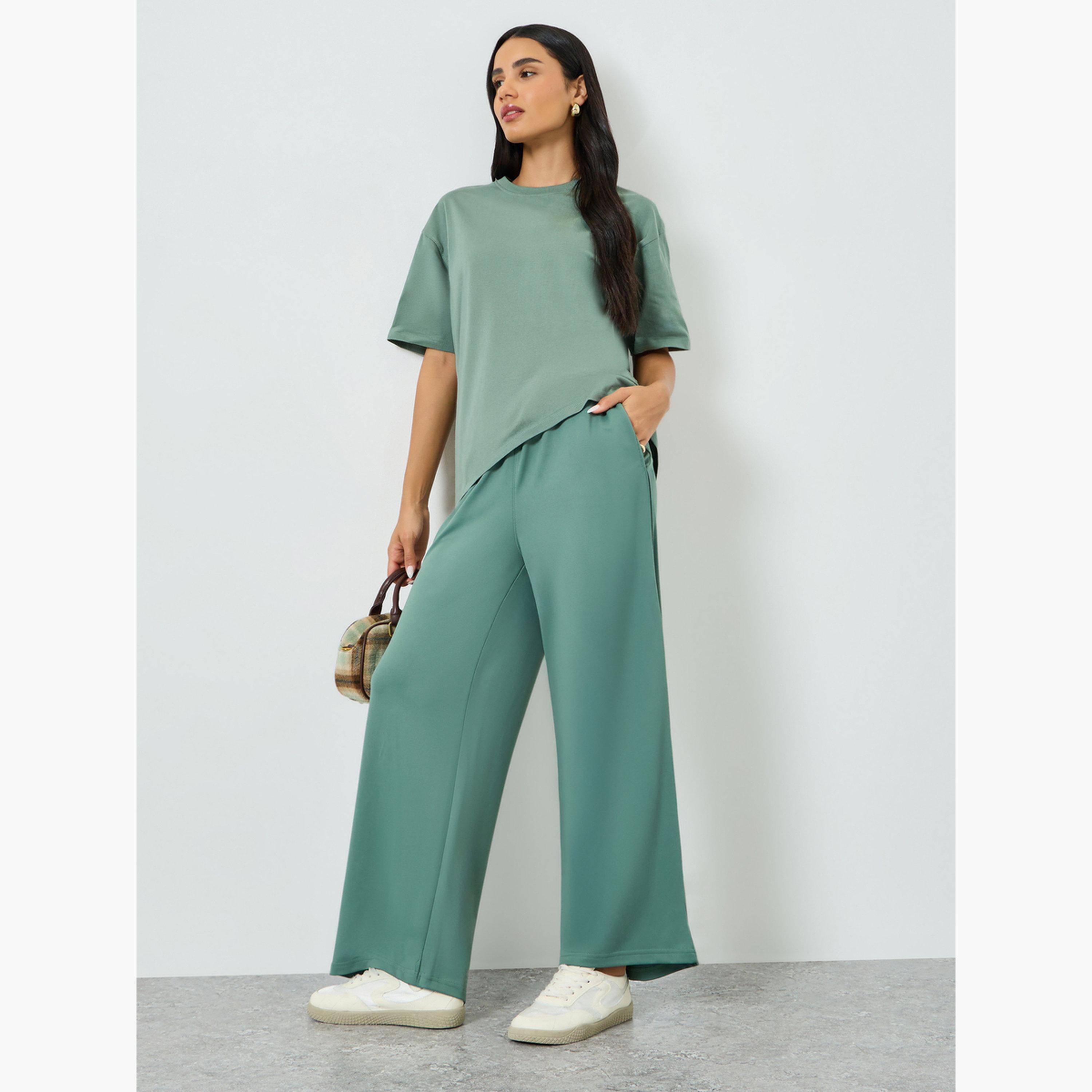 Styli Green Knitted Wide Leg Joggers-women-clothing-bottoms-joggers-image-2