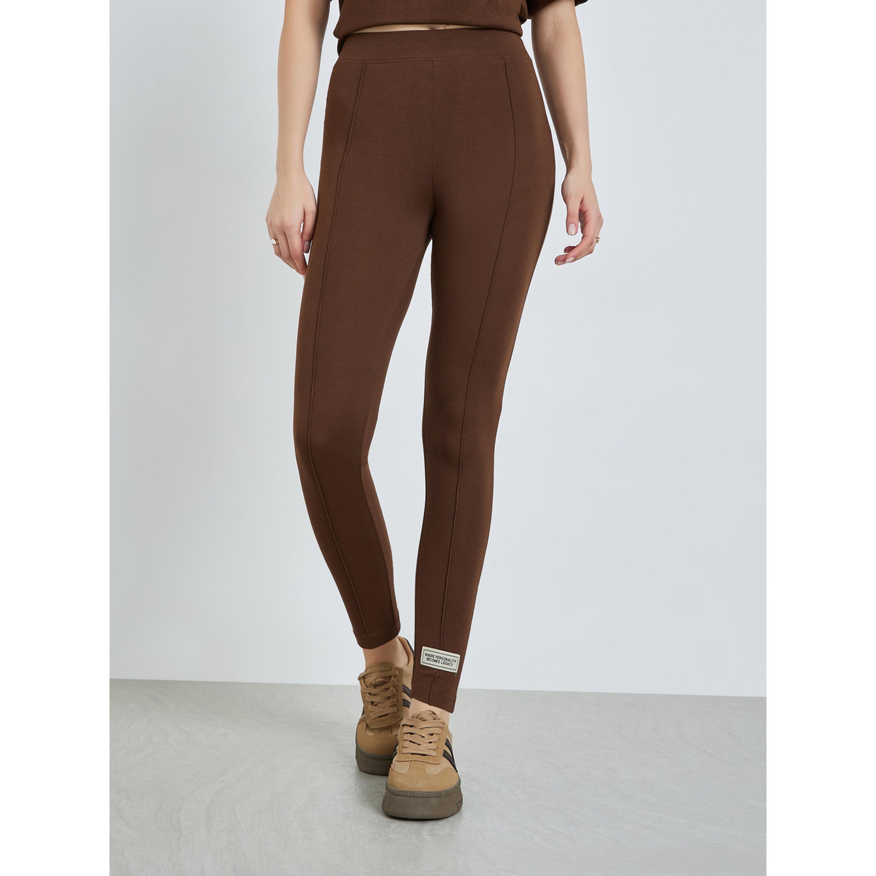 Styli Women Brown Basic Leggings with Pintuck Detail-women-clothing-bottoms-leggings-image-1