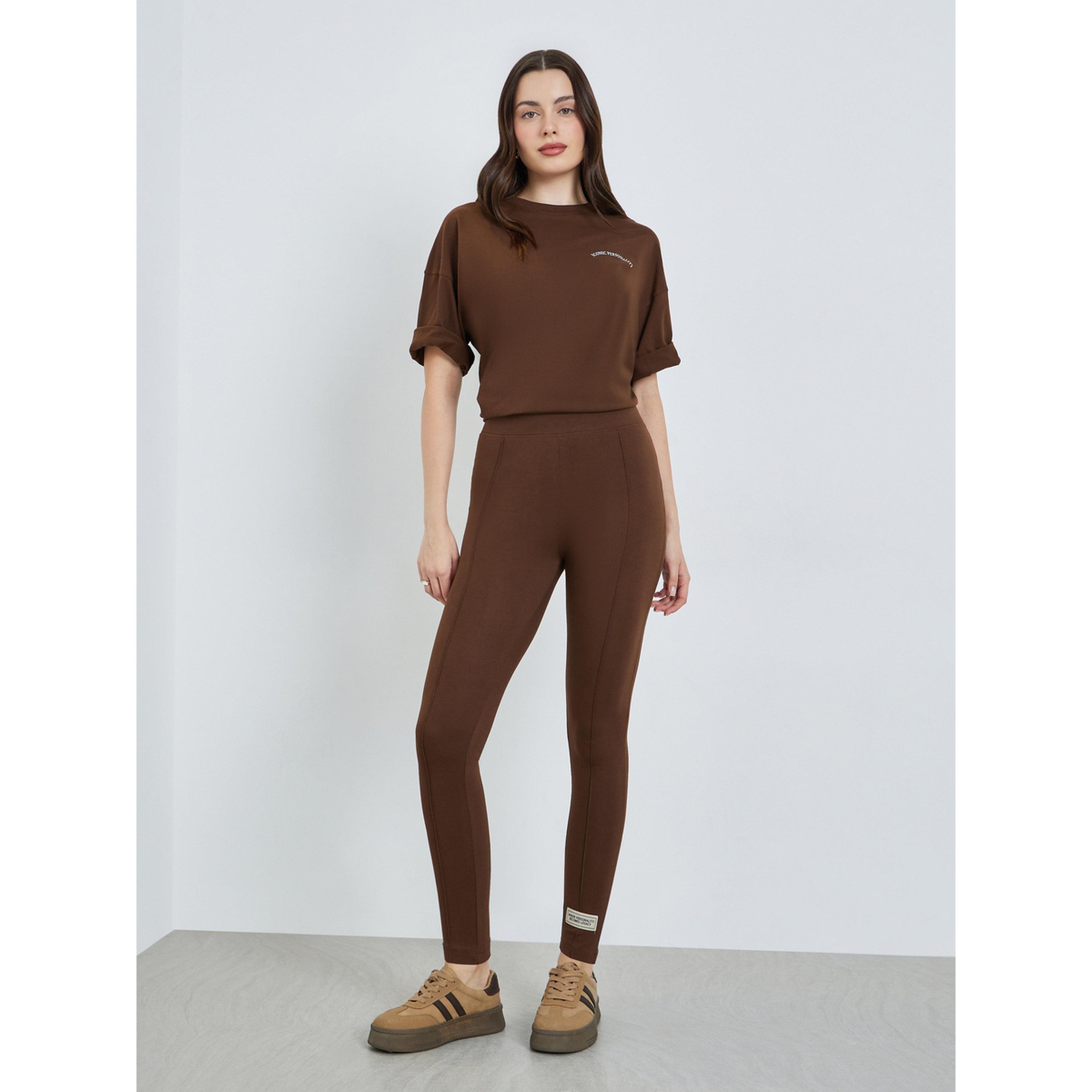 Styli Women Brown Basic Leggings with Pintuck Detail-women-clothing-bottoms-leggings-image-2