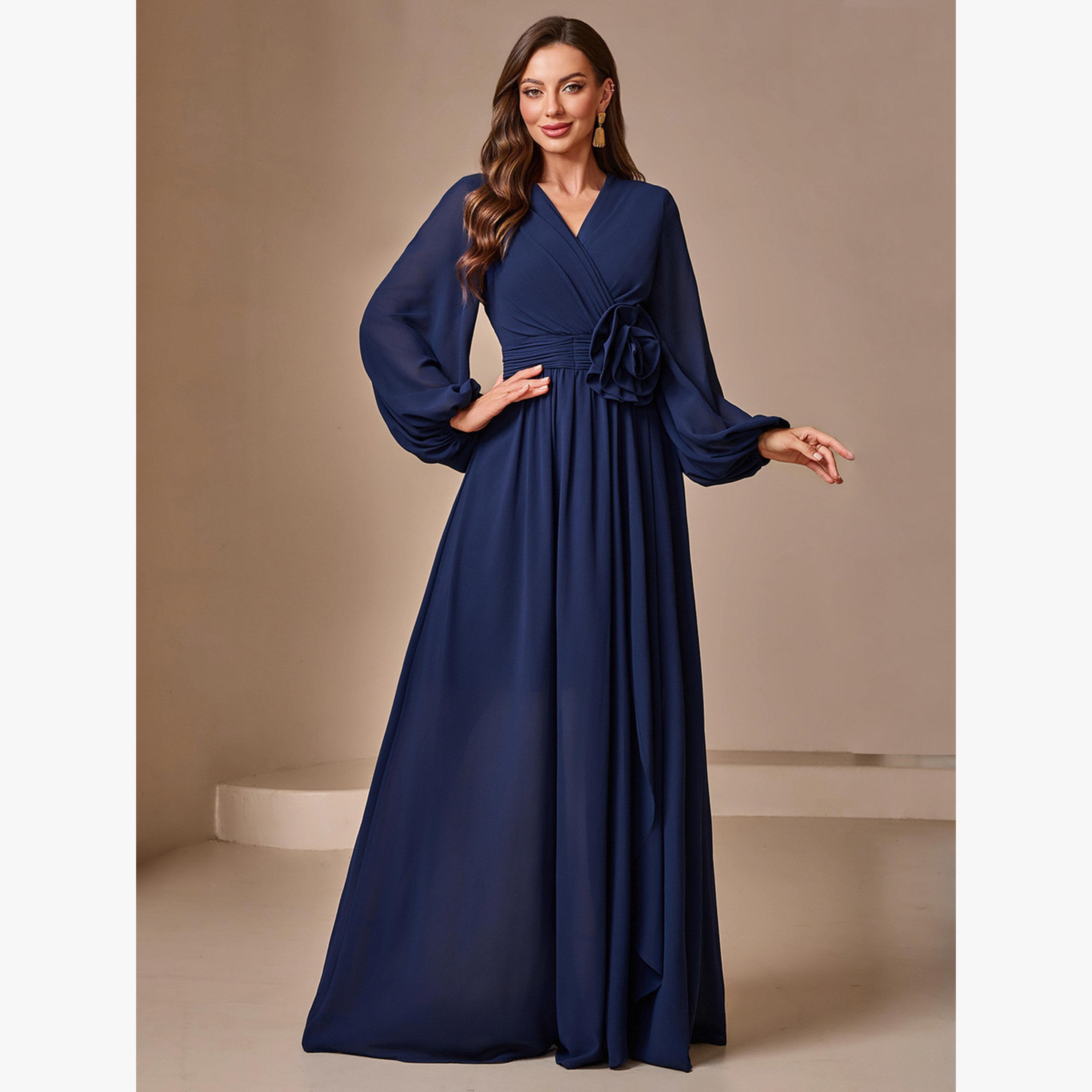 Take Two Navy Blue Solid Lantern Sleeve A-Line Maxi Dress with Flower Detail-women-clothing-dresses-image-1