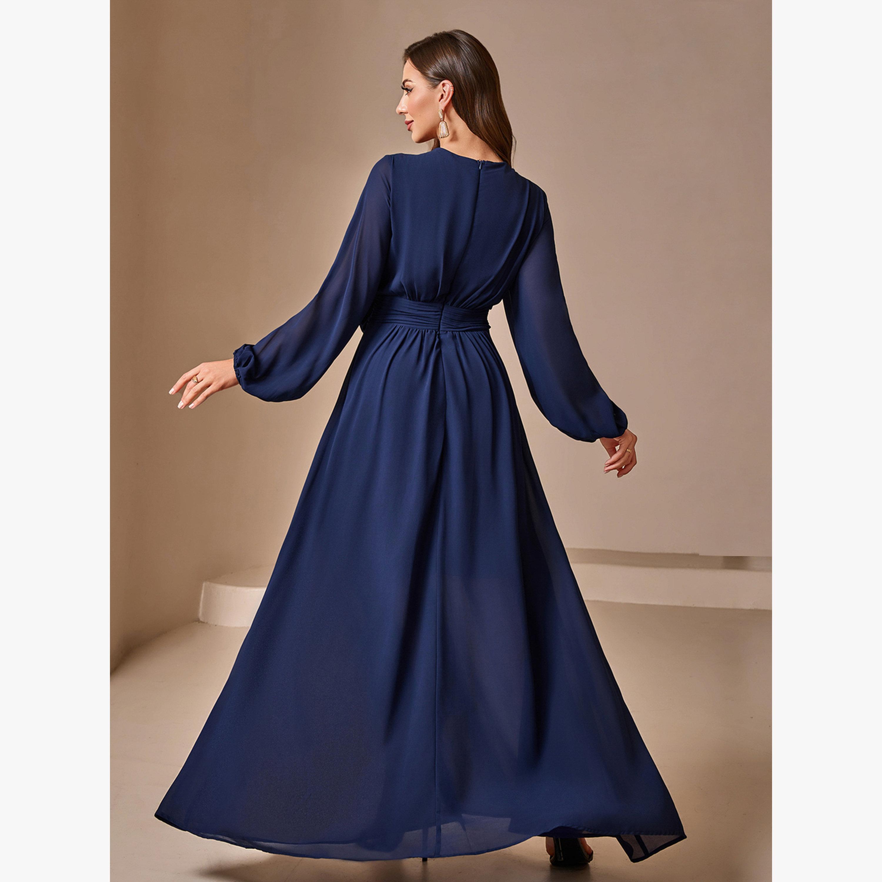 Take Two Navy Blue Solid Lantern Sleeve A-Line Maxi Dress with Flower Detail-women-clothing-dresses-image-2