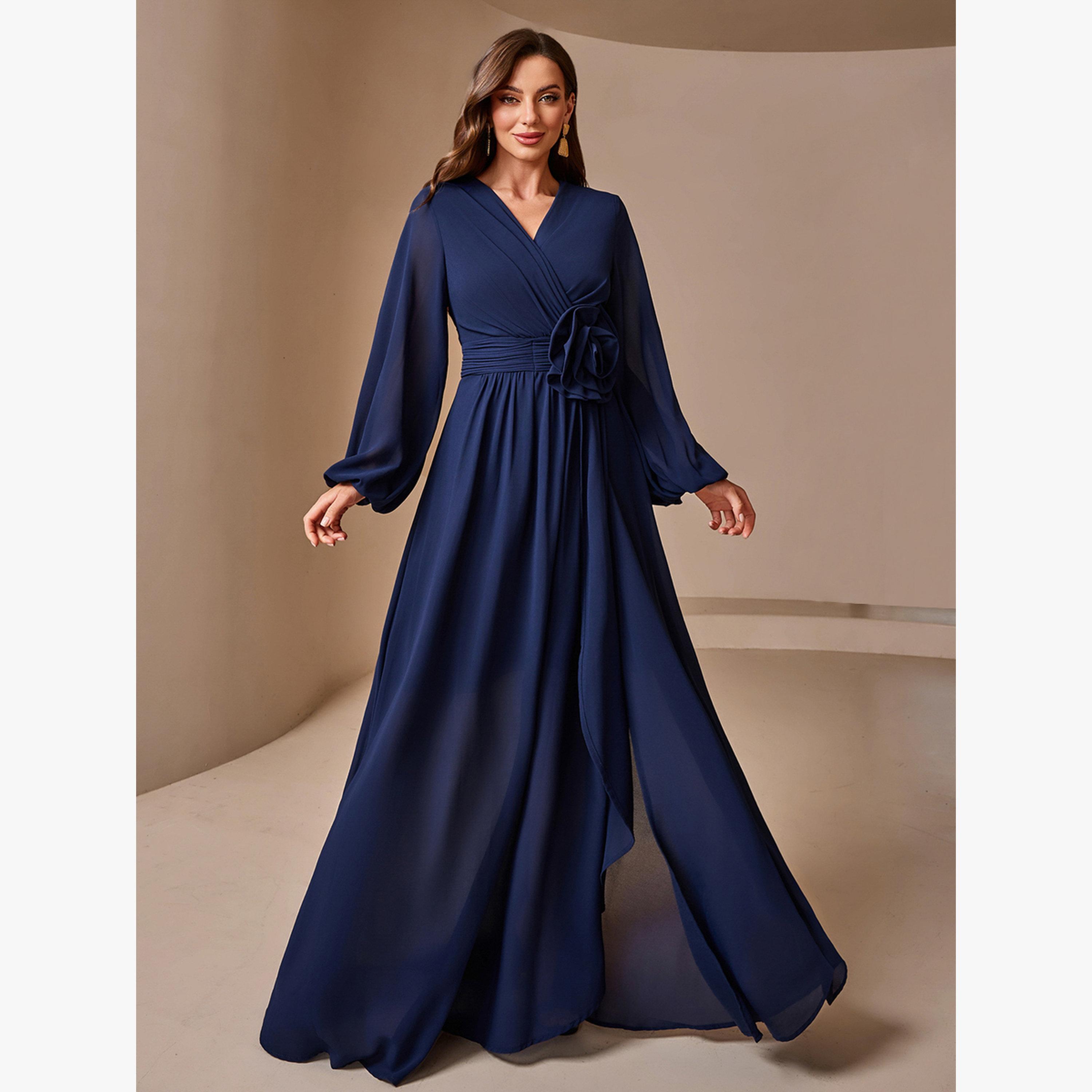 Take Two Navy Blue Solid Lantern Sleeve A-Line Maxi Dress with Flower Detail-women-clothing-dresses-image-3
