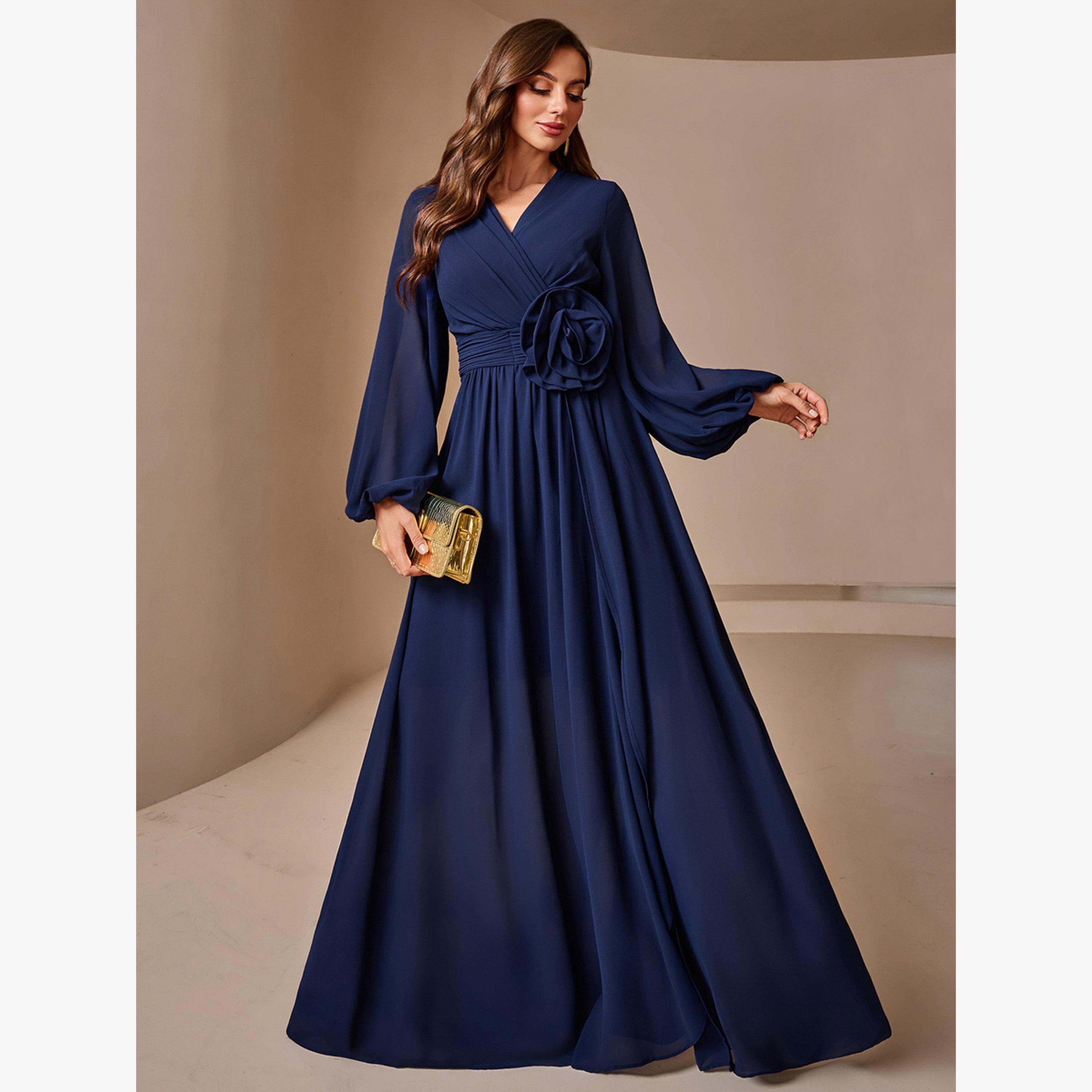 فستان طويل بحافة واسعة وأكمام فانوس وتفاصيل زهور لون كحلي-women-clothing-dresses-image-4