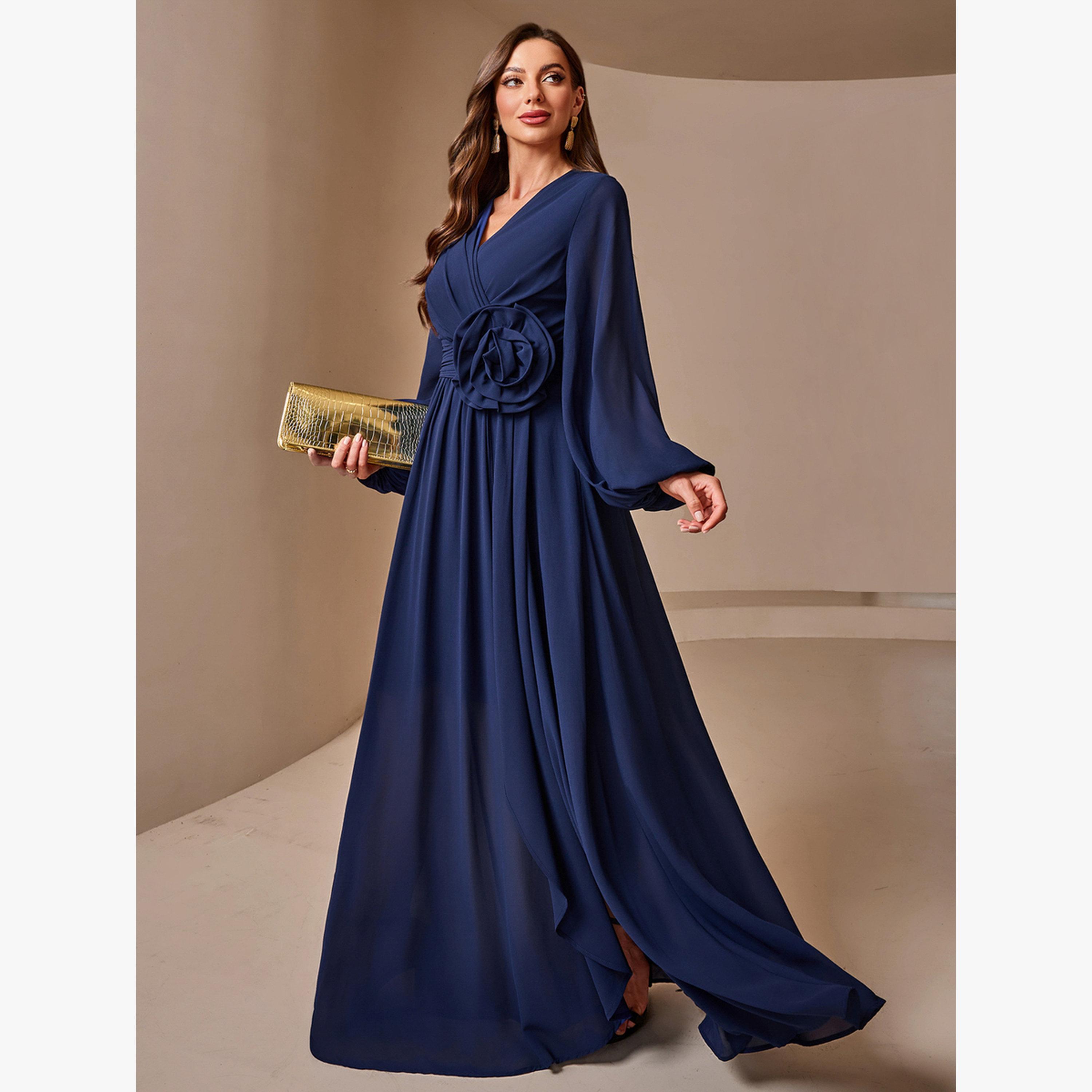 Take Two Navy Blue Solid Lantern Sleeve A-Line Maxi Dress with Flower Detail-women-clothing-dresses-image-5