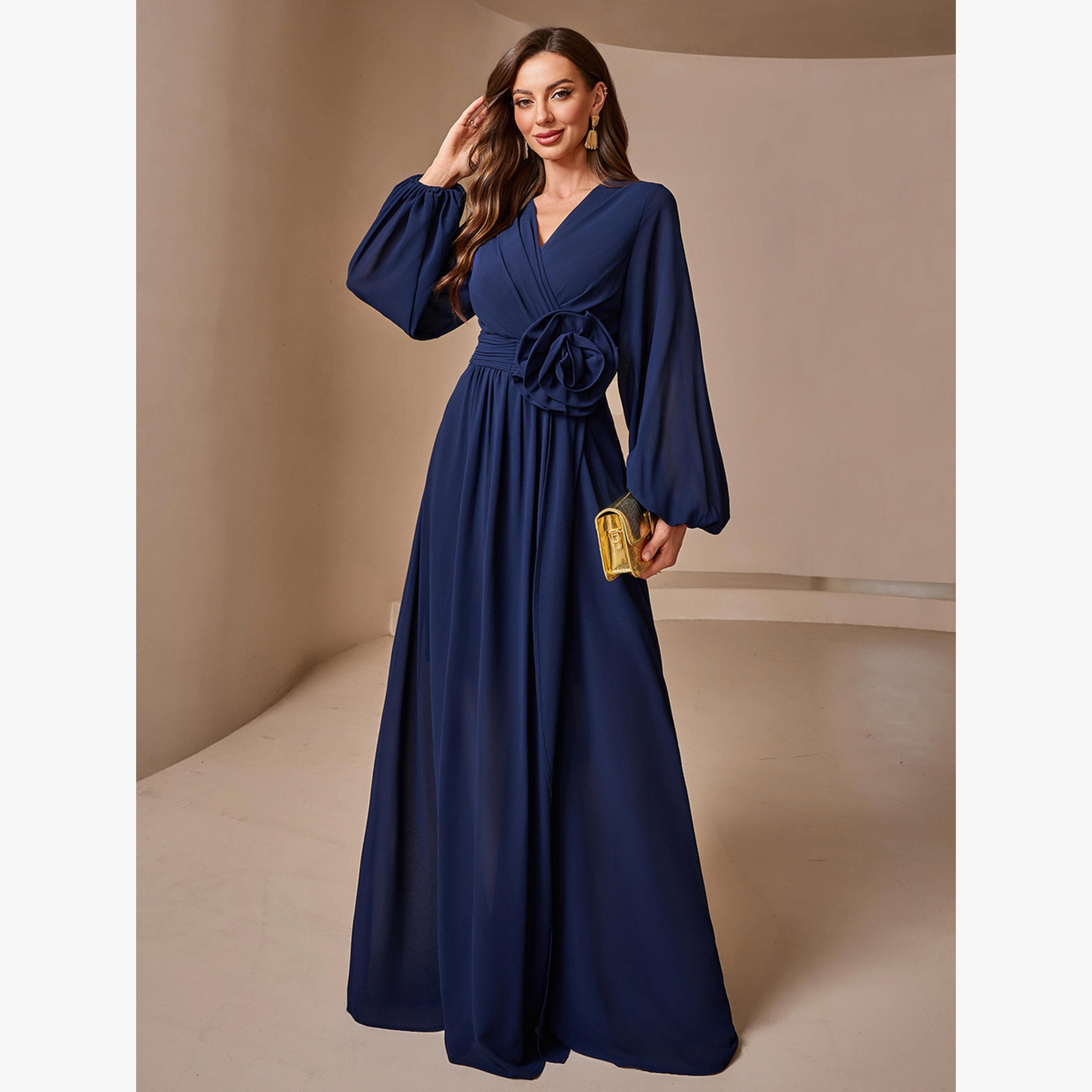Take Two Navy Blue Solid Lantern Sleeve A-Line Maxi Dress with Flower Detail-women-clothing-dresses-image-6