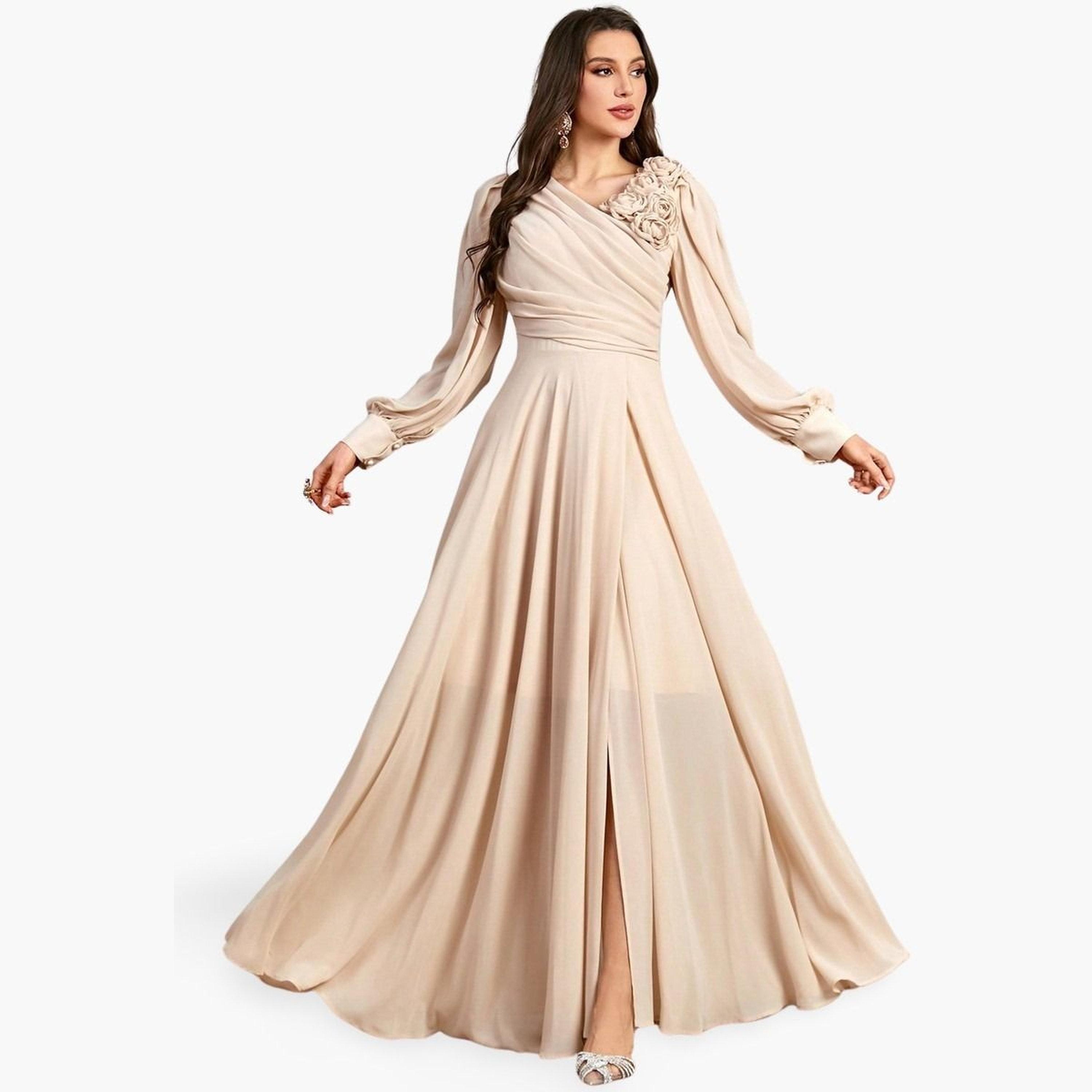 فستان طويل بأكمام بالون وتفاصيل زهرة وطيات-women-clothing-dresses-image-1