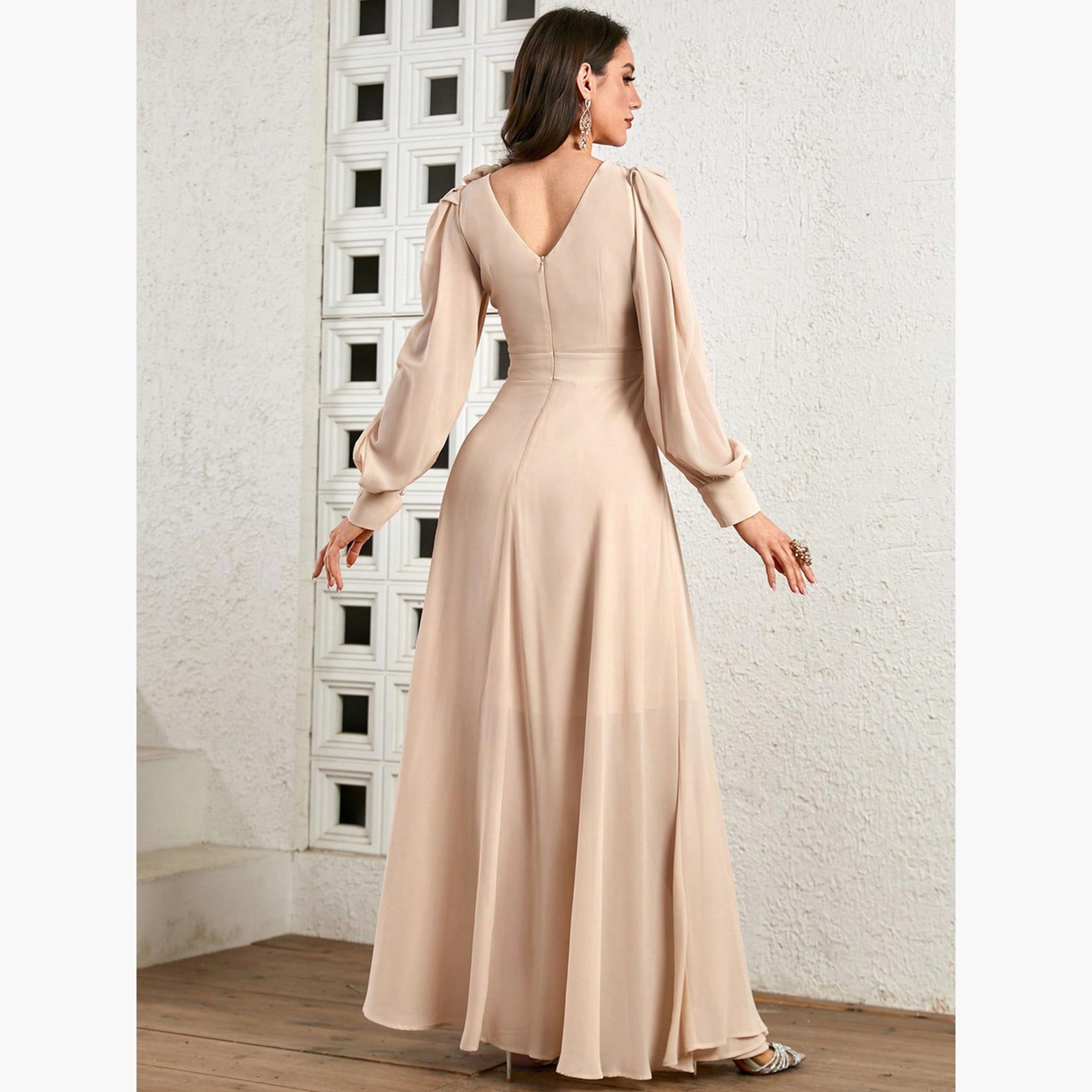 فستان طويل بأكمام بالون وتفاصيل زهرة وطيات-women-clothing-dresses-image-2