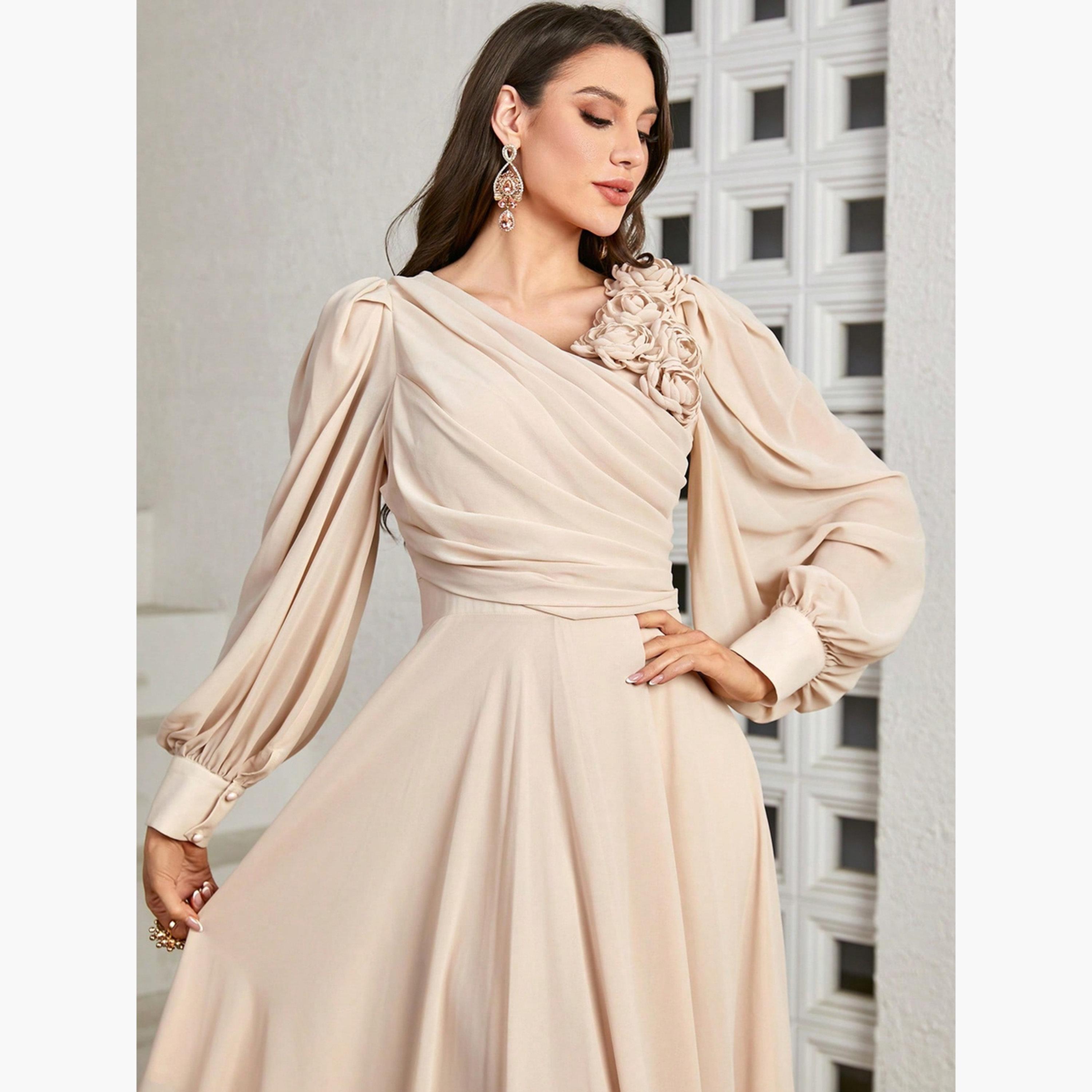 فستان طويل بأكمام بالون وتفاصيل زهرة وطيات-women-clothing-dresses-image-3