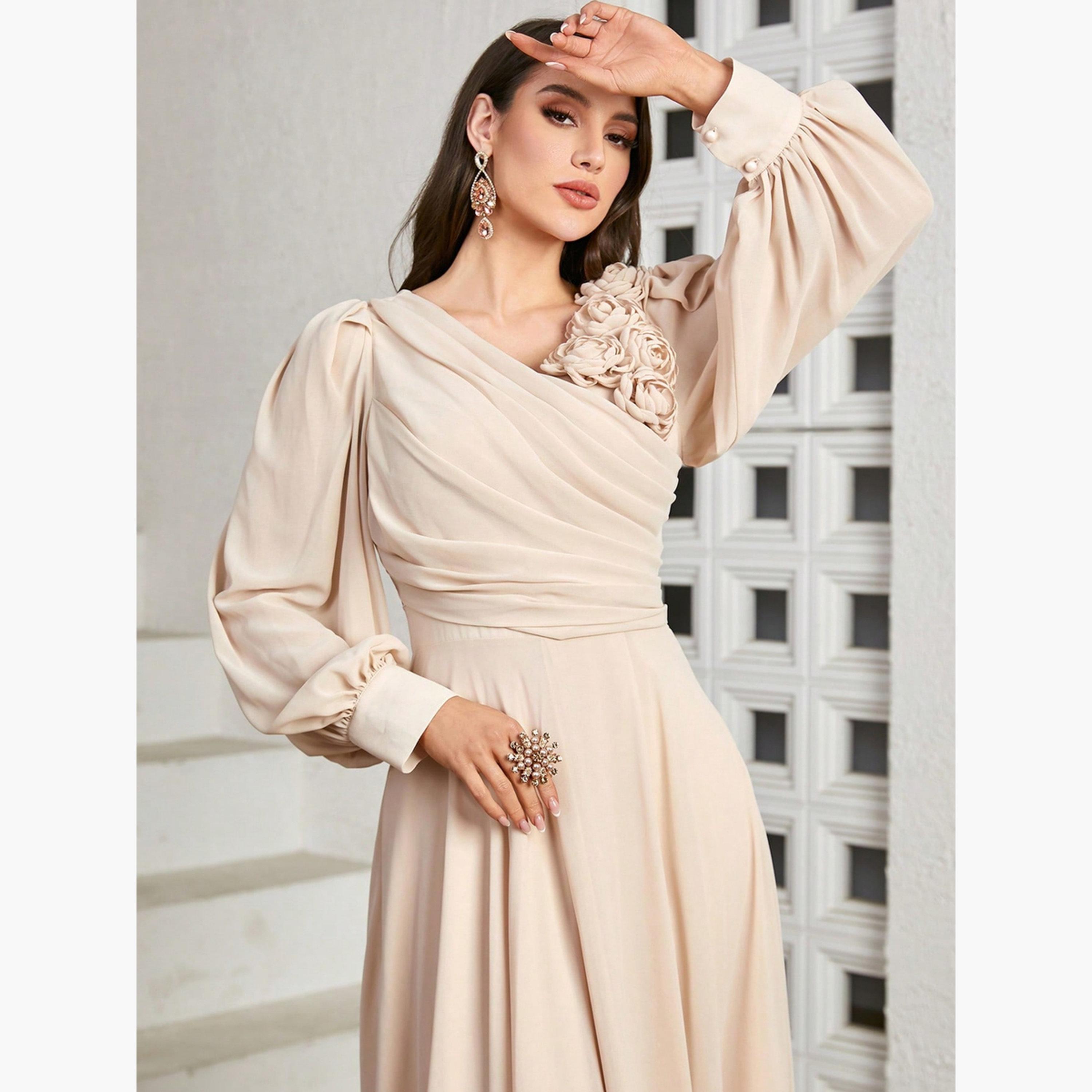 فستان طويل بأكمام بالون وتفاصيل زهرة وطيات-women-clothing-dresses-image-4