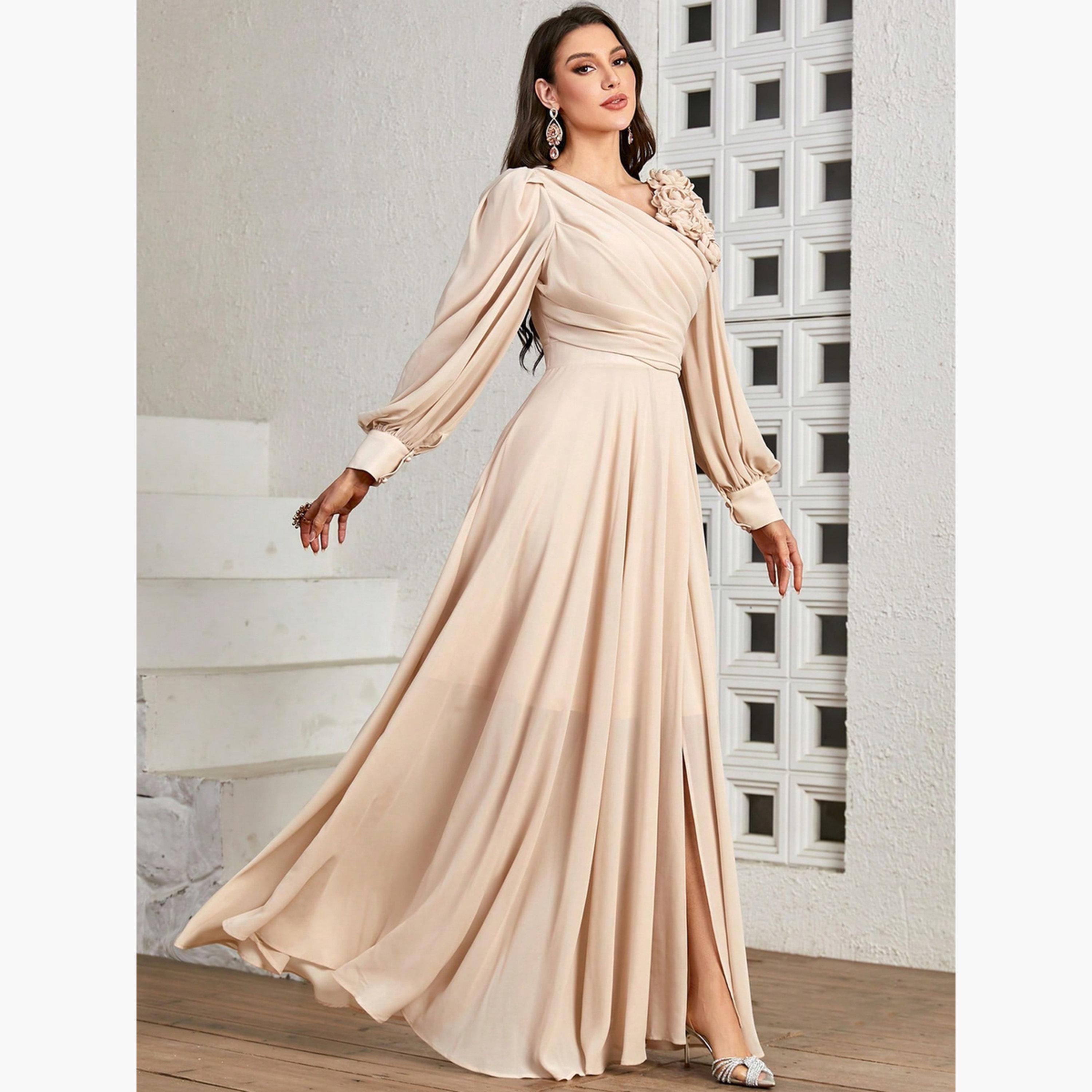 فستان طويل بأكمام بالون وتفاصيل زهرة وطيات-women-clothing-dresses-image-5