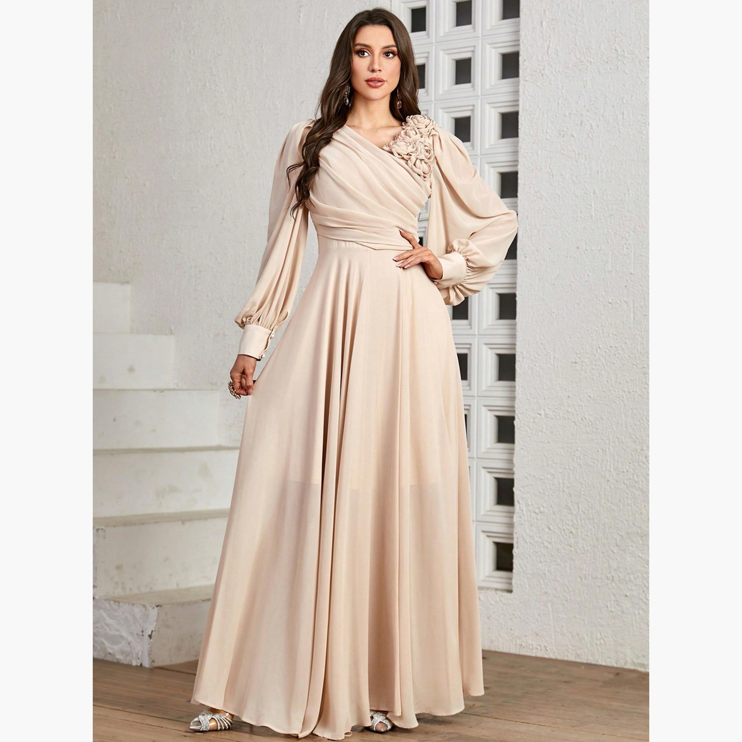 فستان طويل بأكمام بالون وتفاصيل زهرة وطيات-women-clothing-dresses-image-6