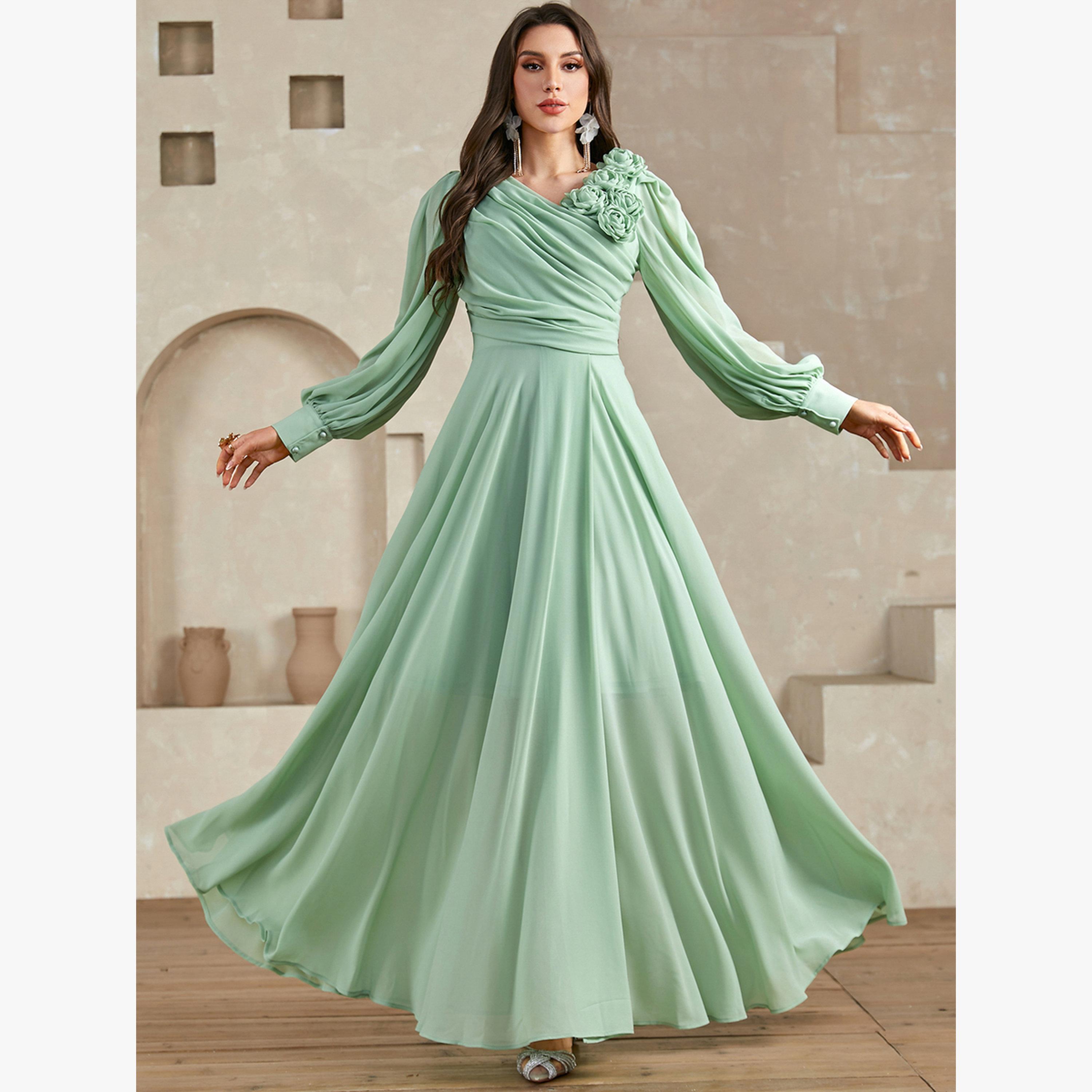 فستان طويل بكسرات وتفاصيل زهور ثلاثية الأبعاد-women-clothing-dresses-image-1