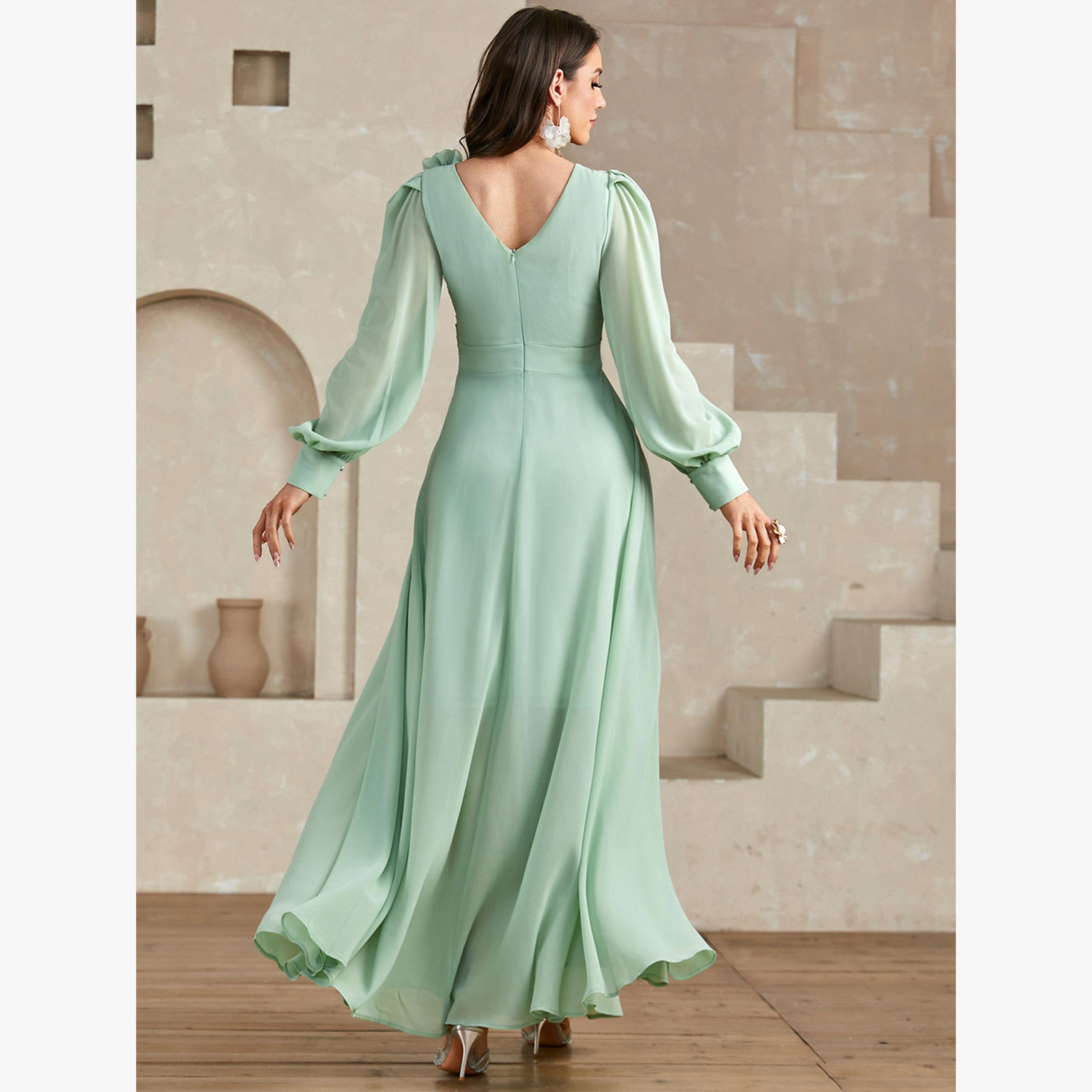 Take Two Green 3D Flower Detail Fold Pleat Maxi Dress-women-clothing-dresses-image-2