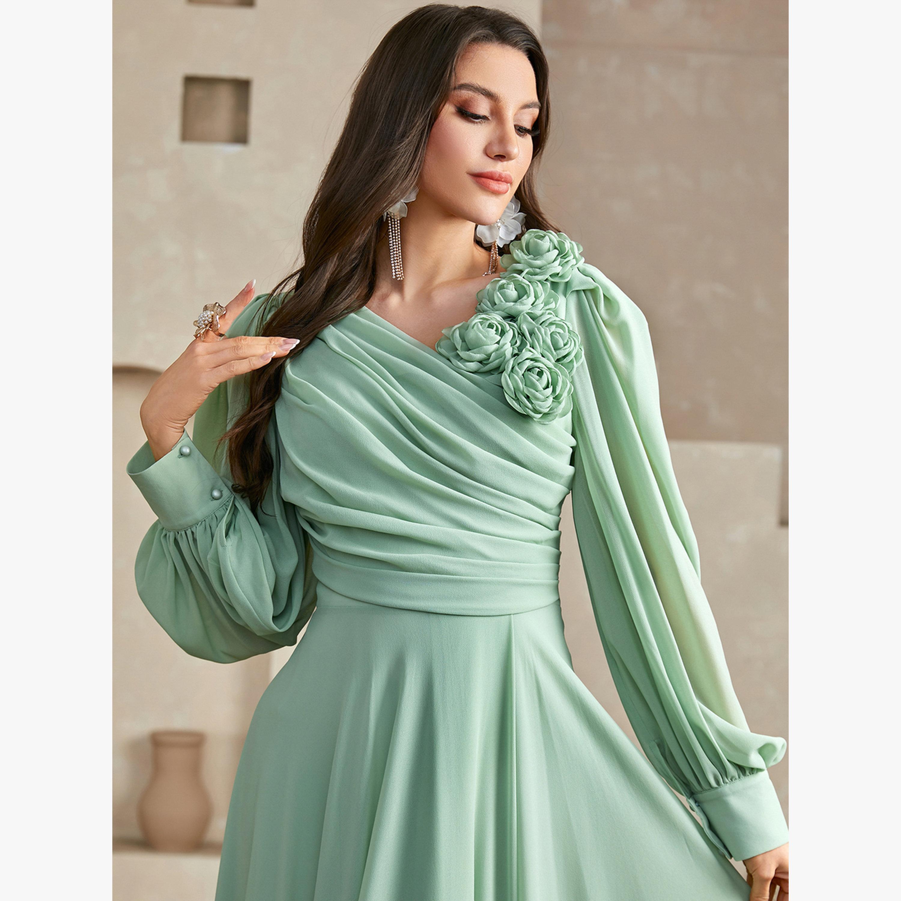 Take Two Green 3D Flower Detail Fold Pleat Maxi Dress-women-clothing-dresses-image-3