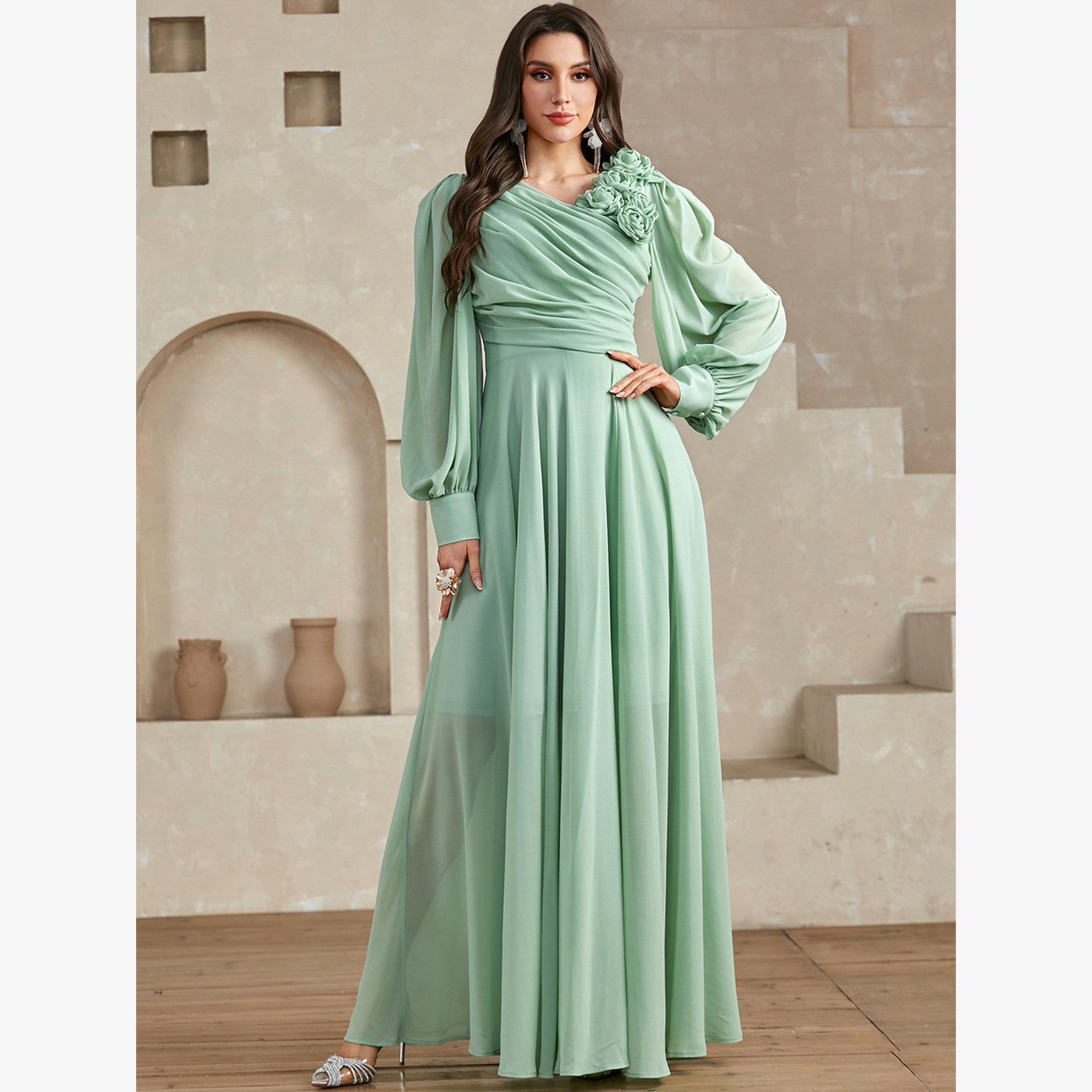 فستان طويل بكسرات وتفاصيل زهور ثلاثية الأبعاد-women-clothing-dresses-image-4