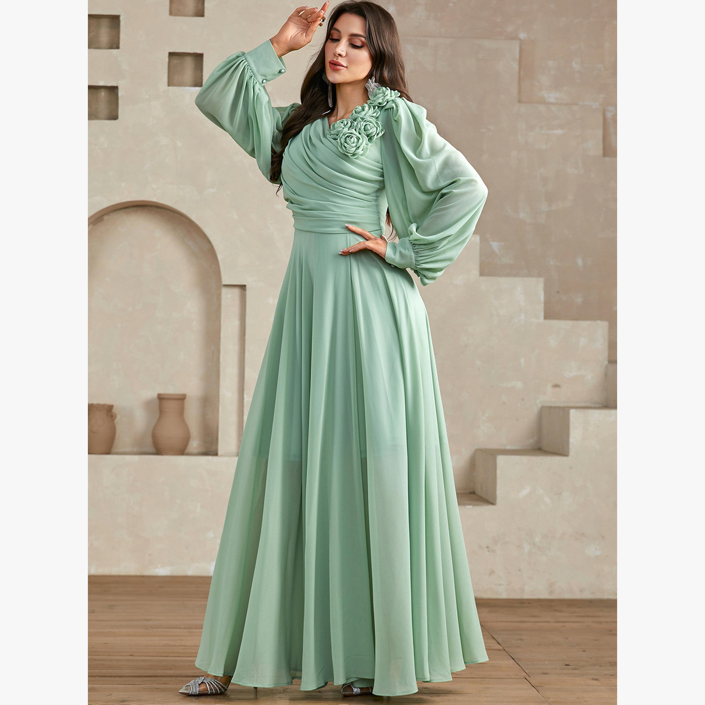 Take Two Green 3D Flower Detail Fold Pleat Maxi Dress-women-clothing-dresses-image-5