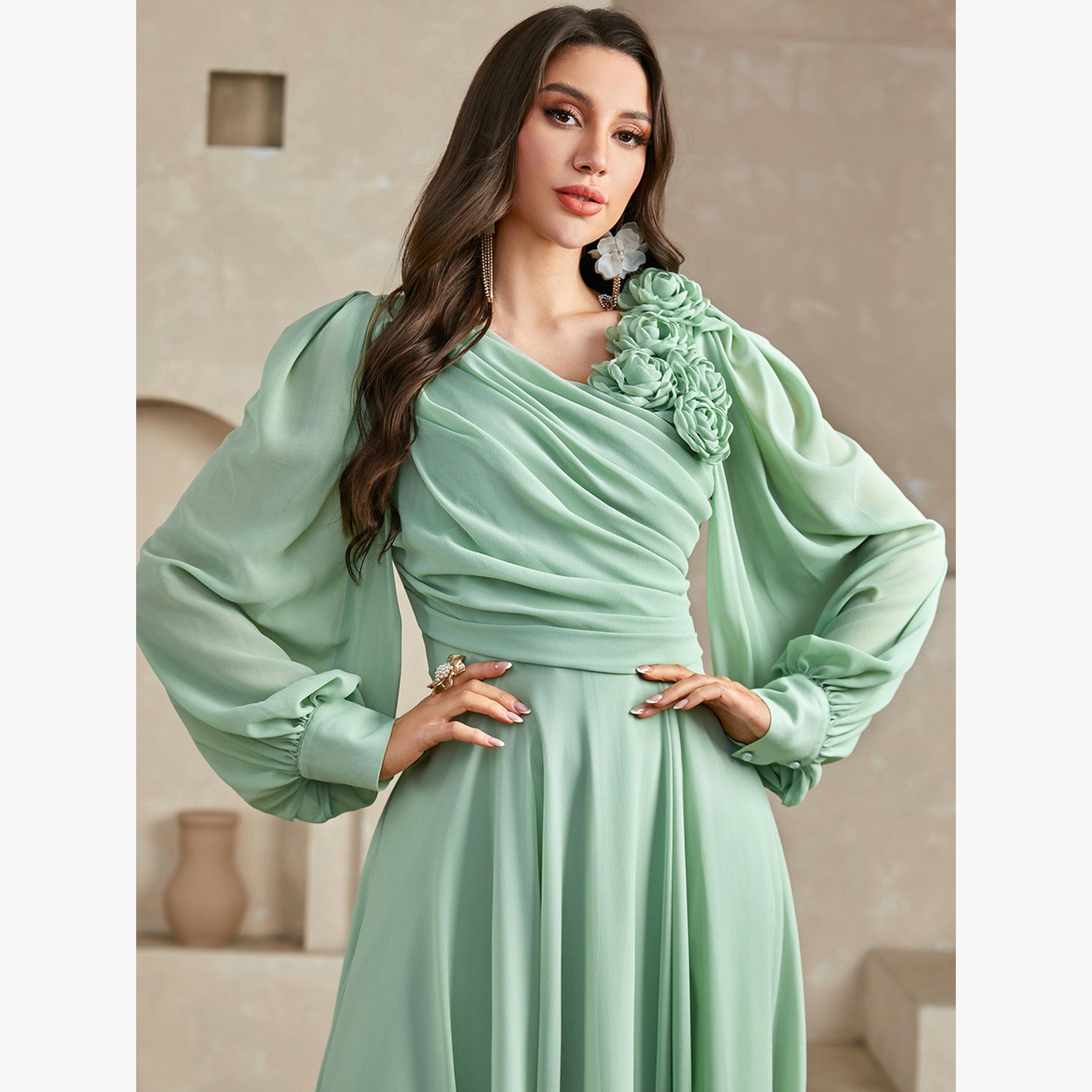 فستان طويل بكسرات وتفاصيل زهور ثلاثية الأبعاد-women-clothing-dresses-image-6
