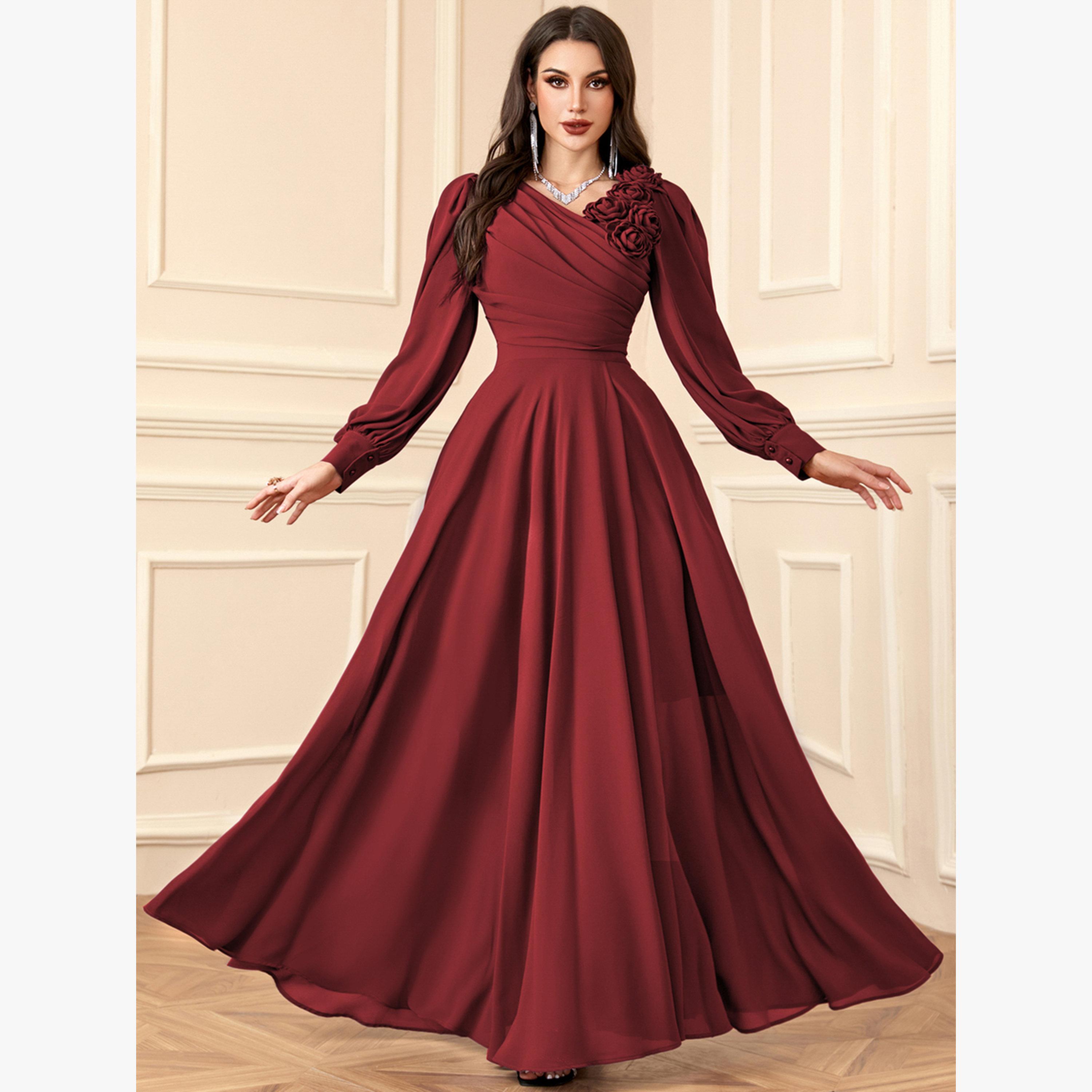 فستان طويل بكسرات وتفاصيل زهور ثلاثية الأبعاد-women-clothing-dresses-image-1