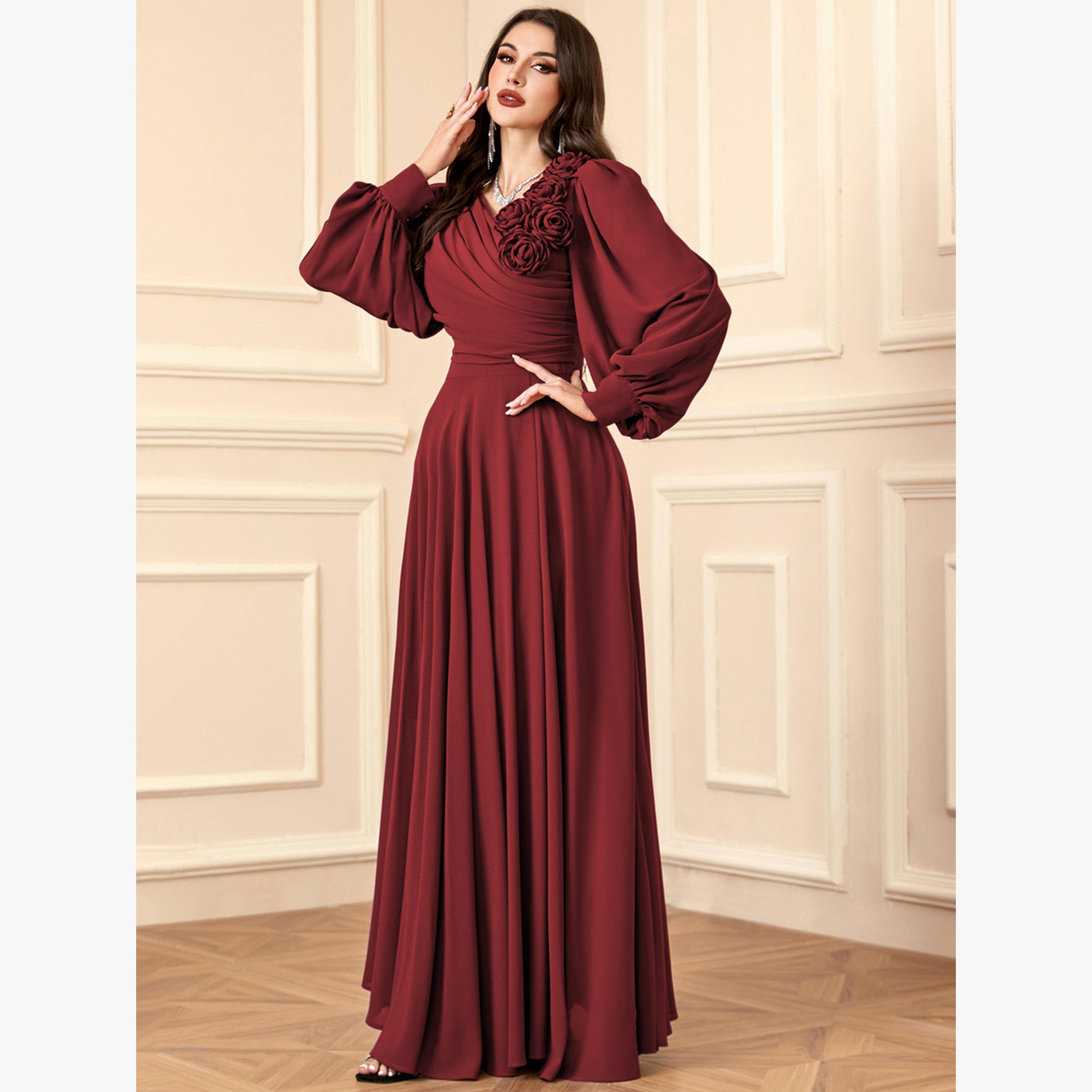 فستان طويل بكسرات وتفاصيل زهور ثلاثية الأبعاد-women-clothing-dresses-image-3