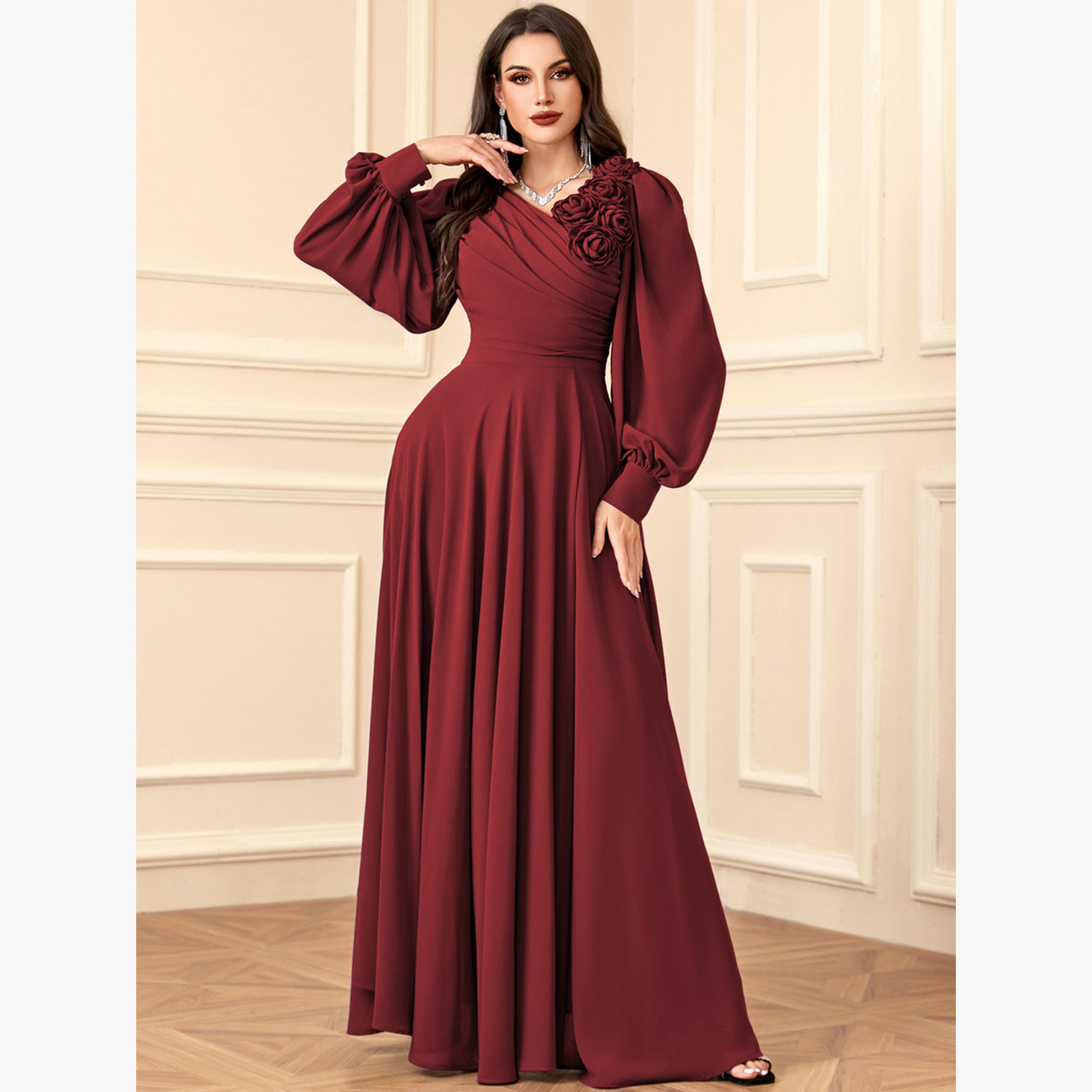 Take Two Maroon 3D Flower Detail Fold Pleat Maxi Dress-women-clothing-dresses-image-4
