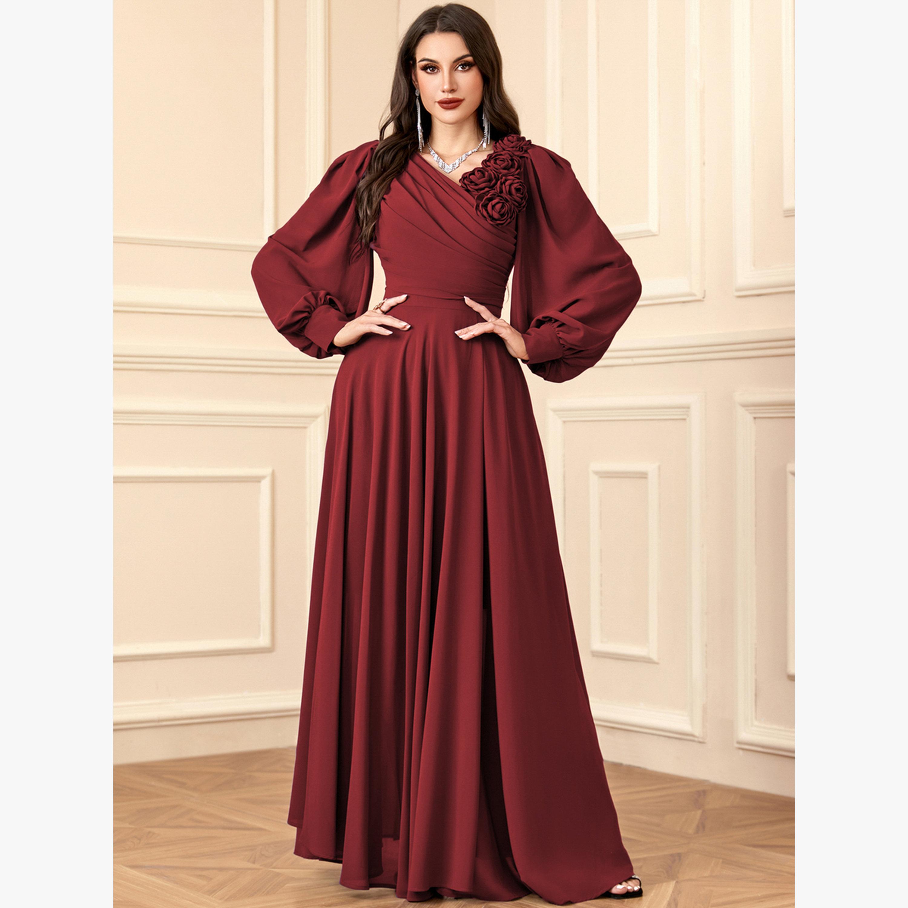 فستان طويل بكسرات وتفاصيل زهور ثلاثية الأبعاد-women-clothing-dresses-image-5