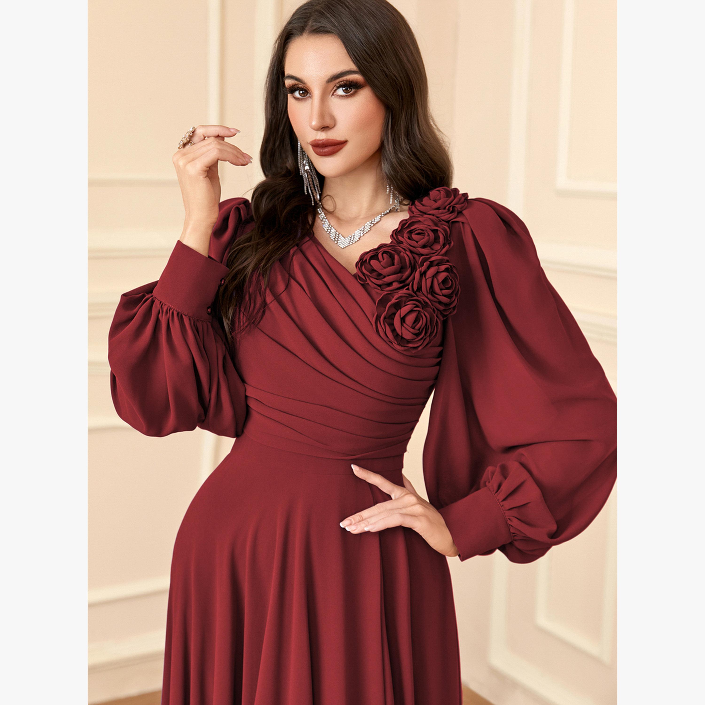 Take Two Maroon 3D Flower Detail Fold Pleat Maxi Dress-women-clothing-dresses-image-6