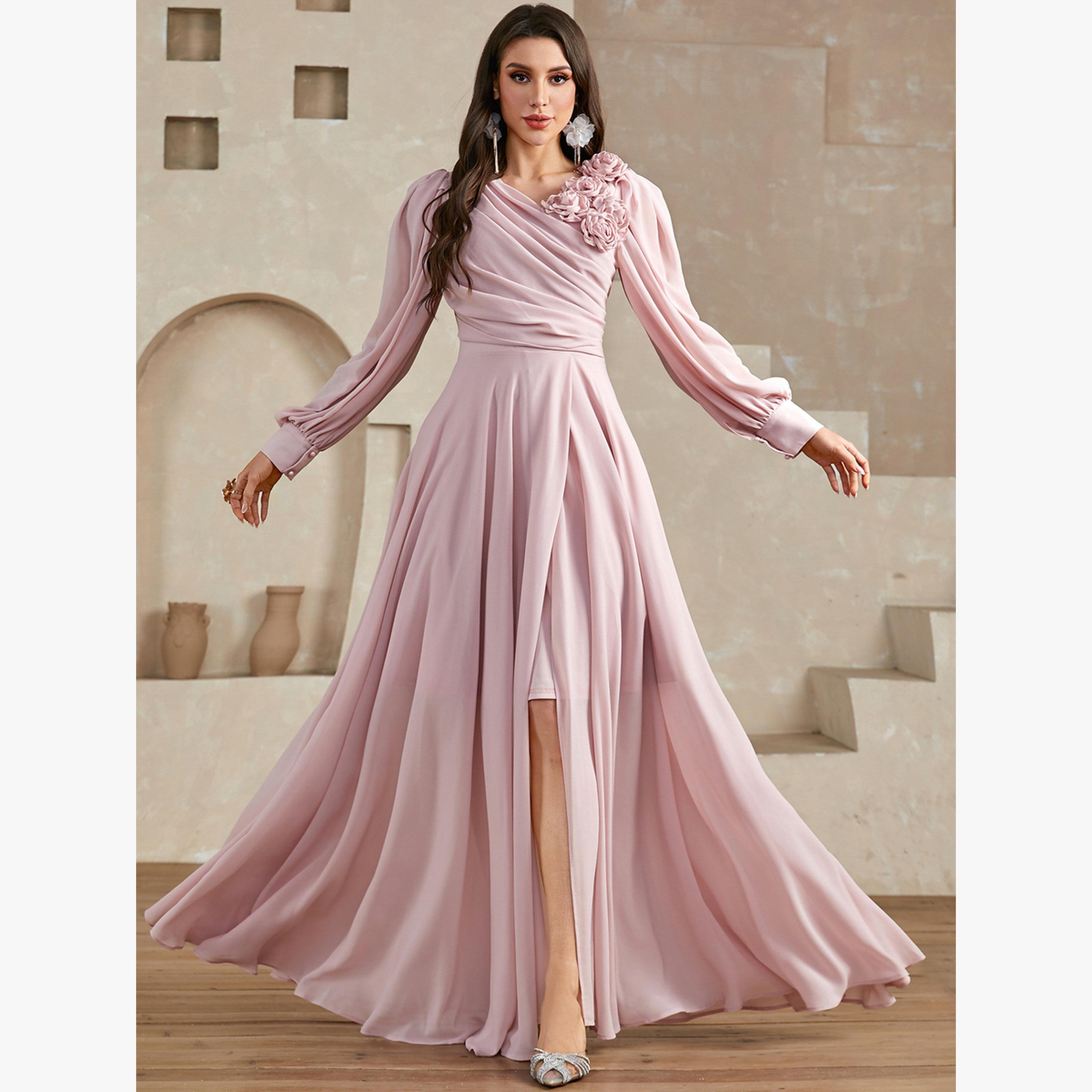 Take Two Pink 3D Flower Detail Fold Pleat Maxi Dress-women-clothing-dresses-image-1