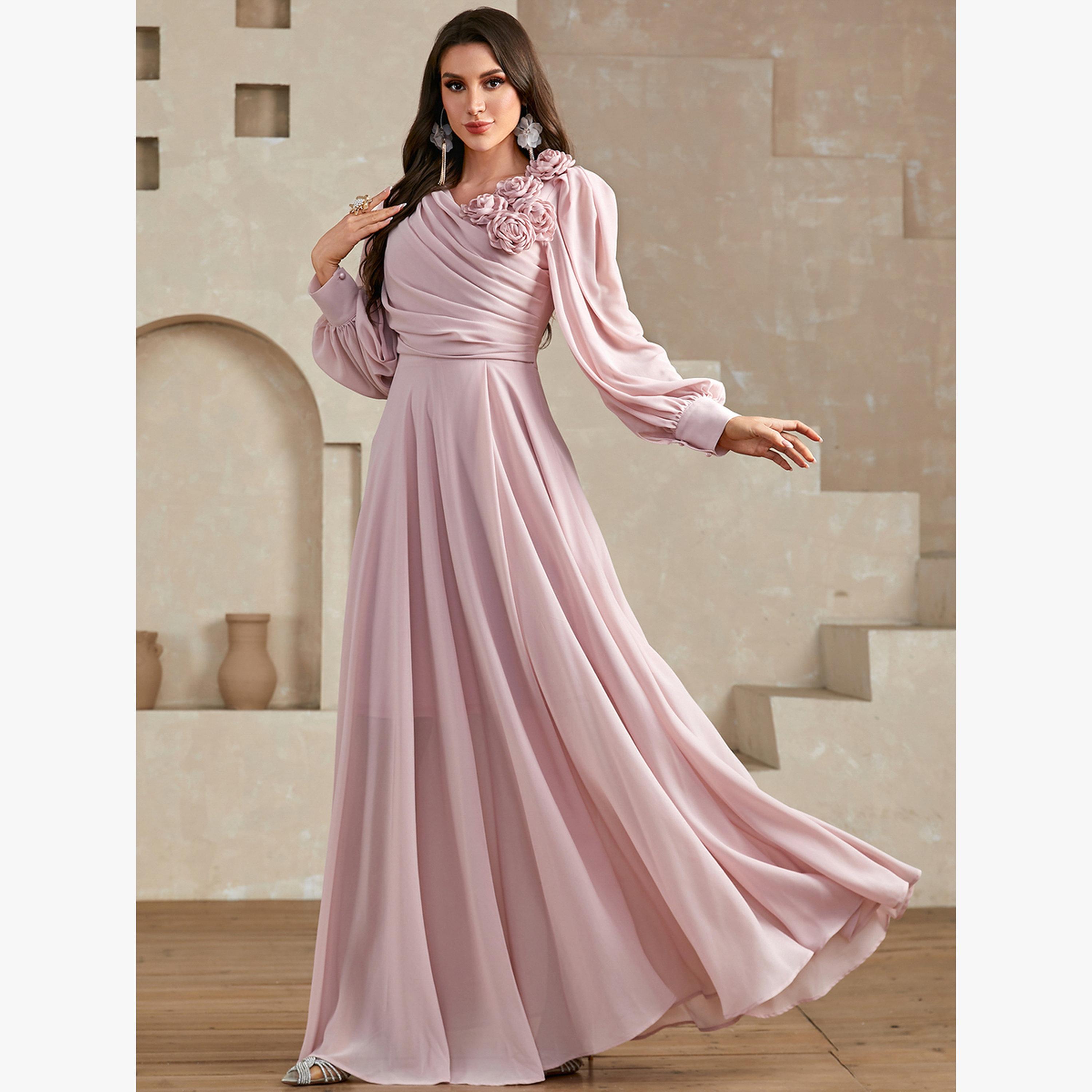 فستان طويل بكسرات وتفاصيل زهور ثلاثية الأبعاد-women-clothing-dresses-image-3