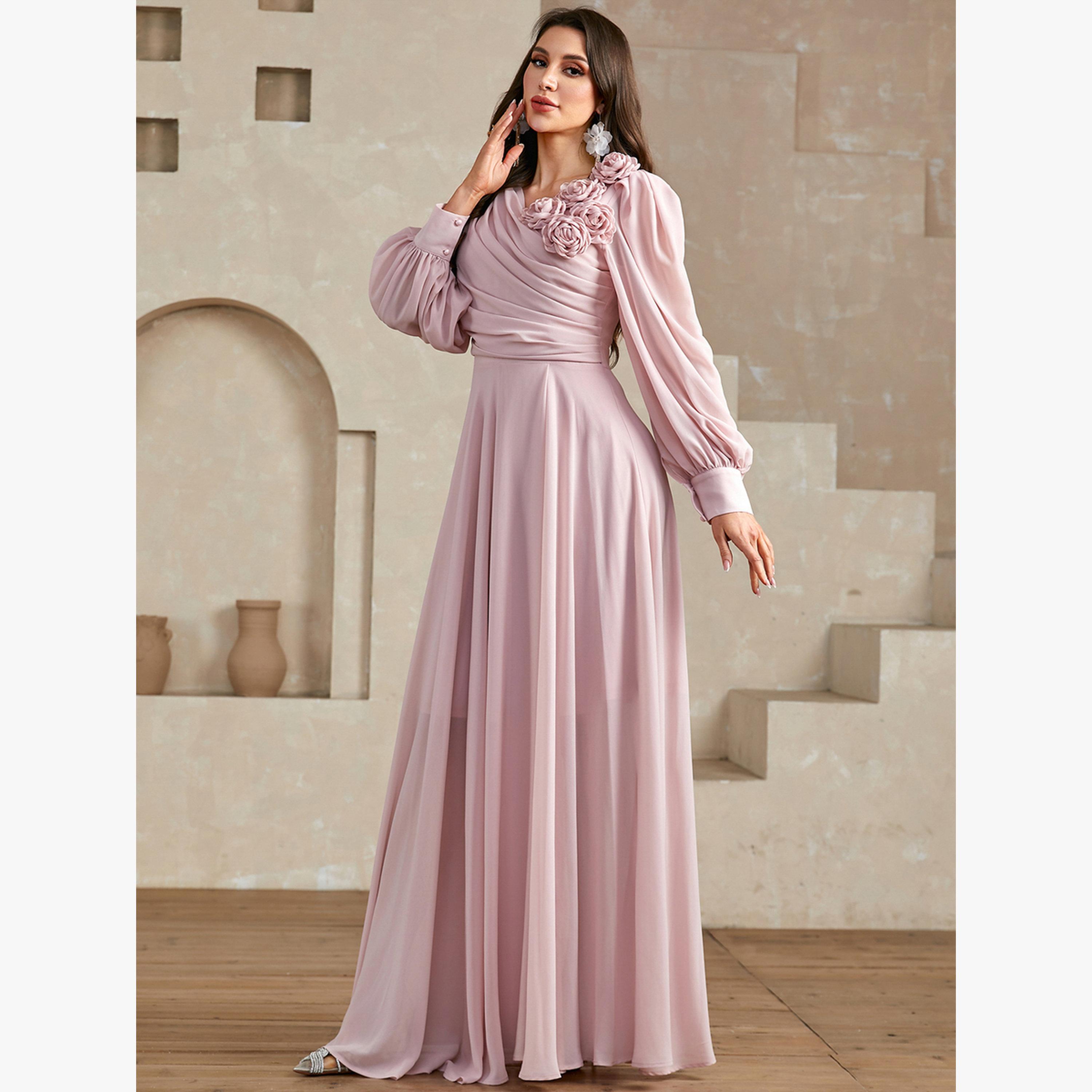 فستان طويل بكسرات وتفاصيل زهور ثلاثية الأبعاد-women-clothing-dresses-image-5