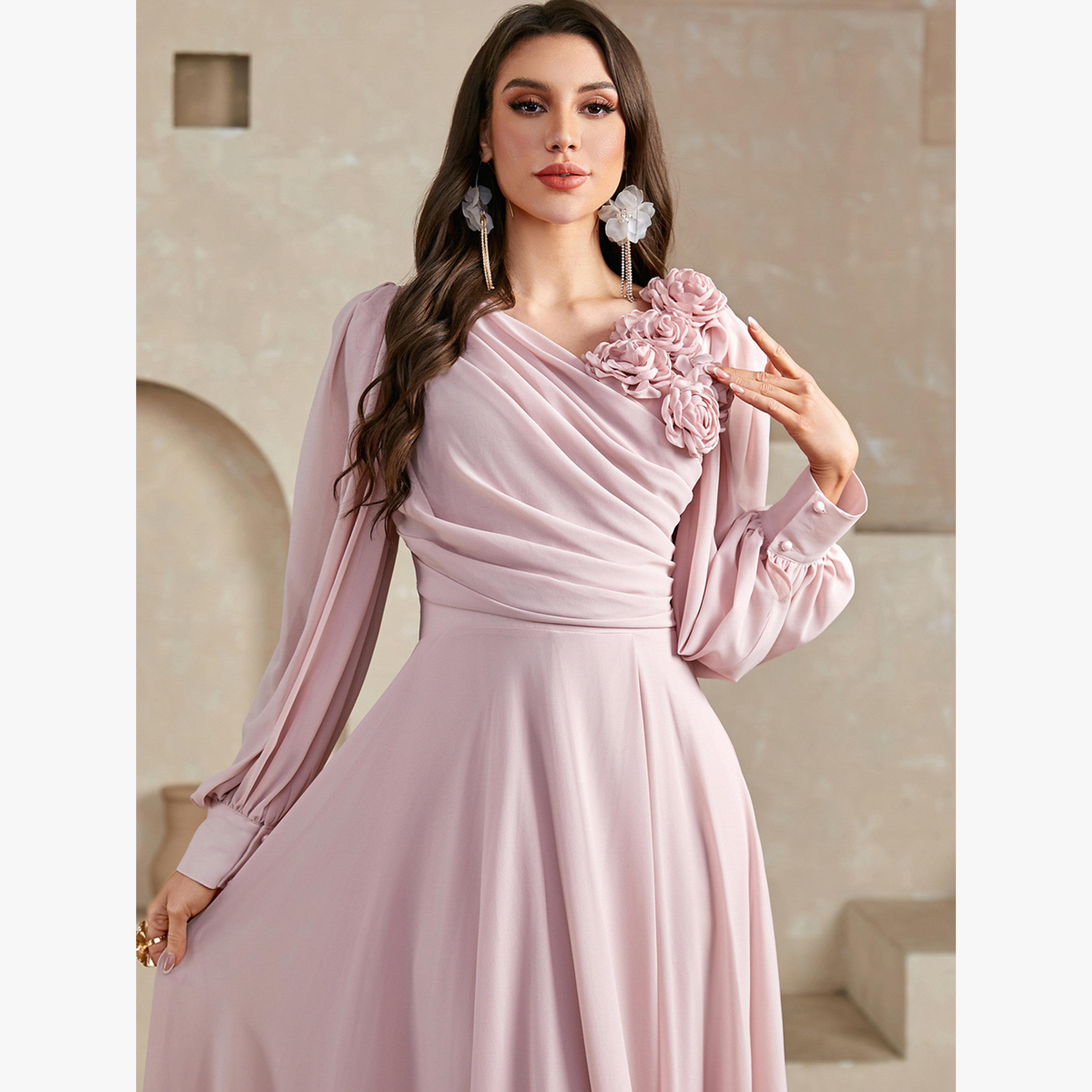 Take Two Pink 3D Flower Detail Fold Pleat Maxi Dress-women-clothing-dresses-image-6