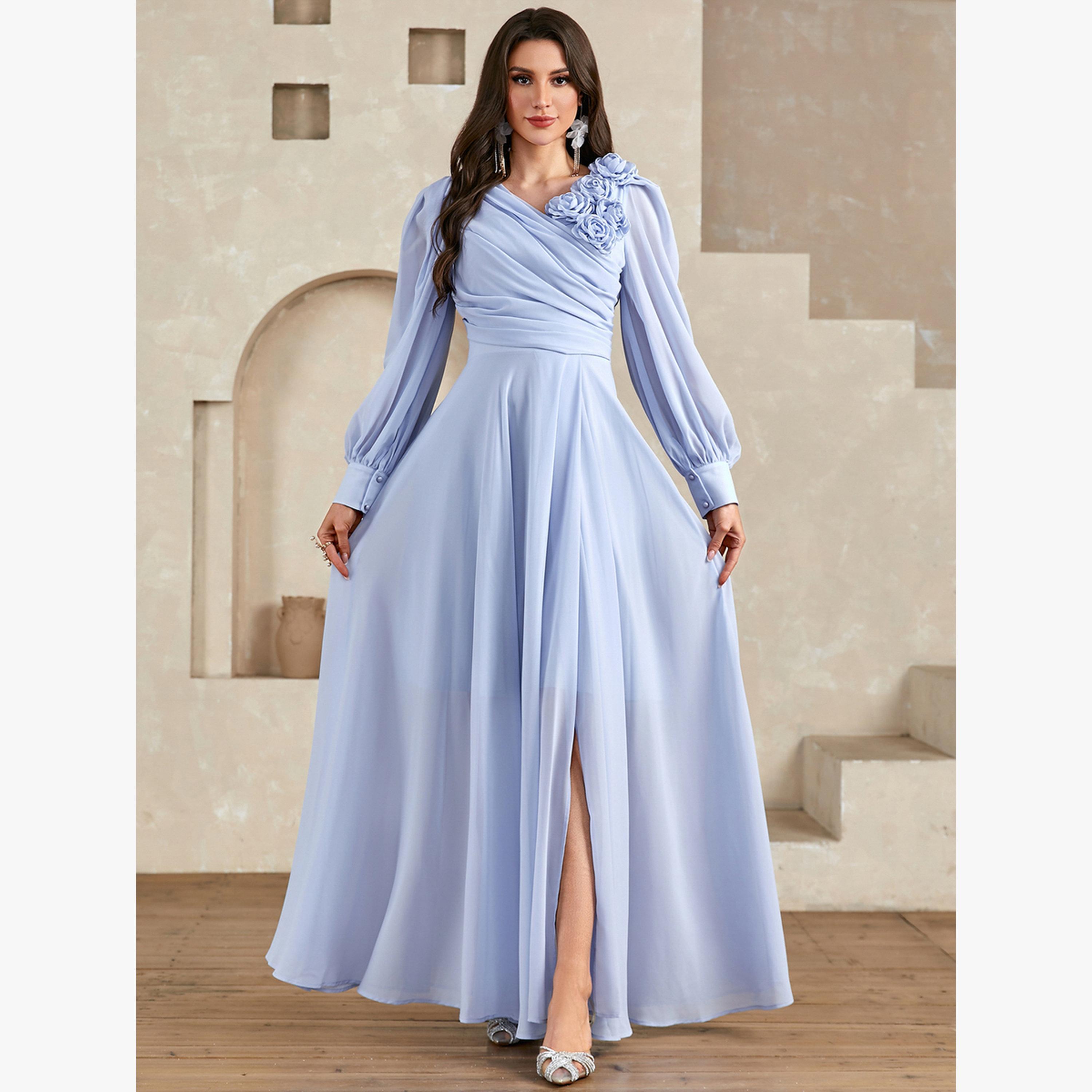 فستان طويل بكسرات وتفاصيل زهور ثلاثية الأبعاد-women-clothing-dresses-image-1