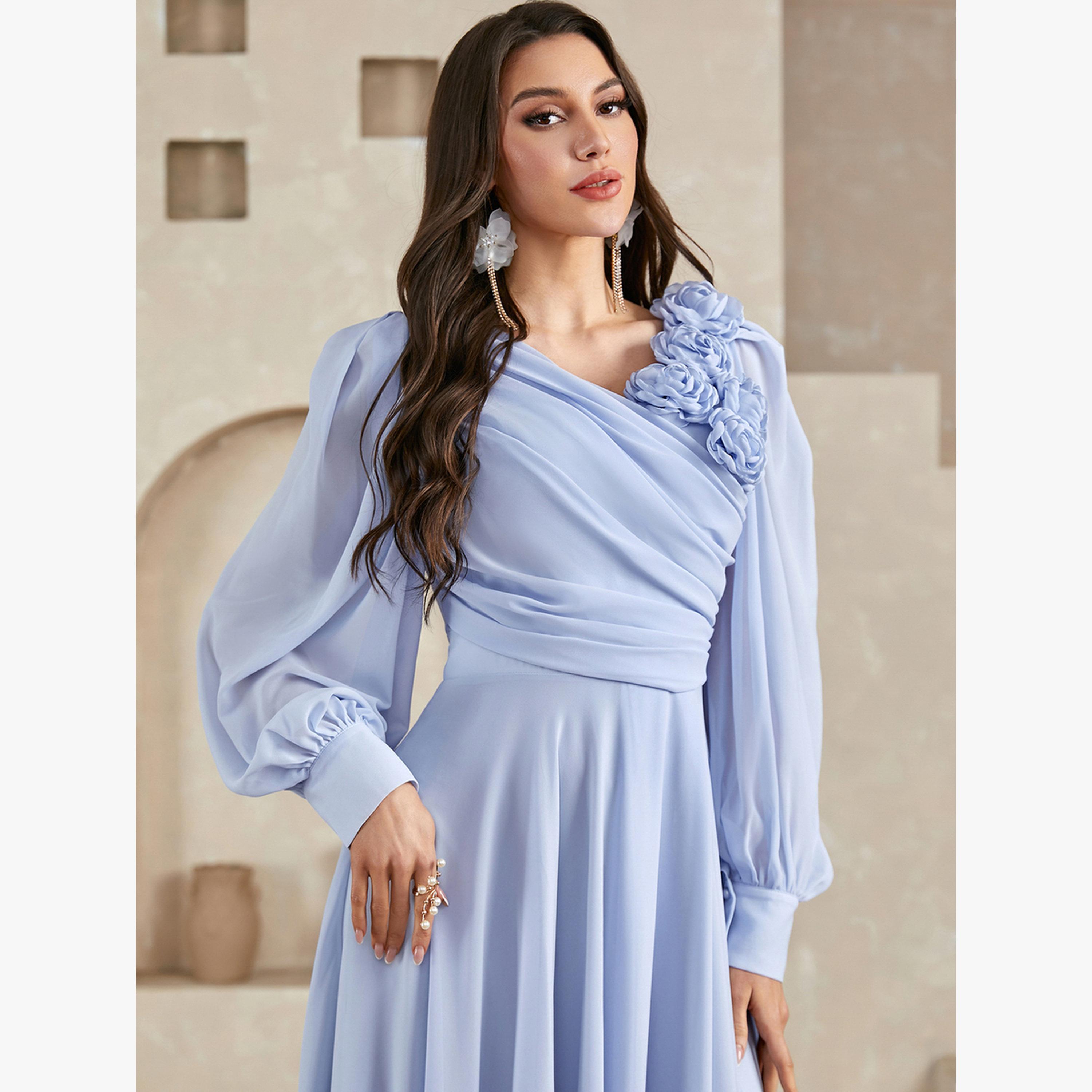 Take Two Blue 3D Flower Detail Fold Pleat Maxi Dress-women-clothing-dresses-image-3