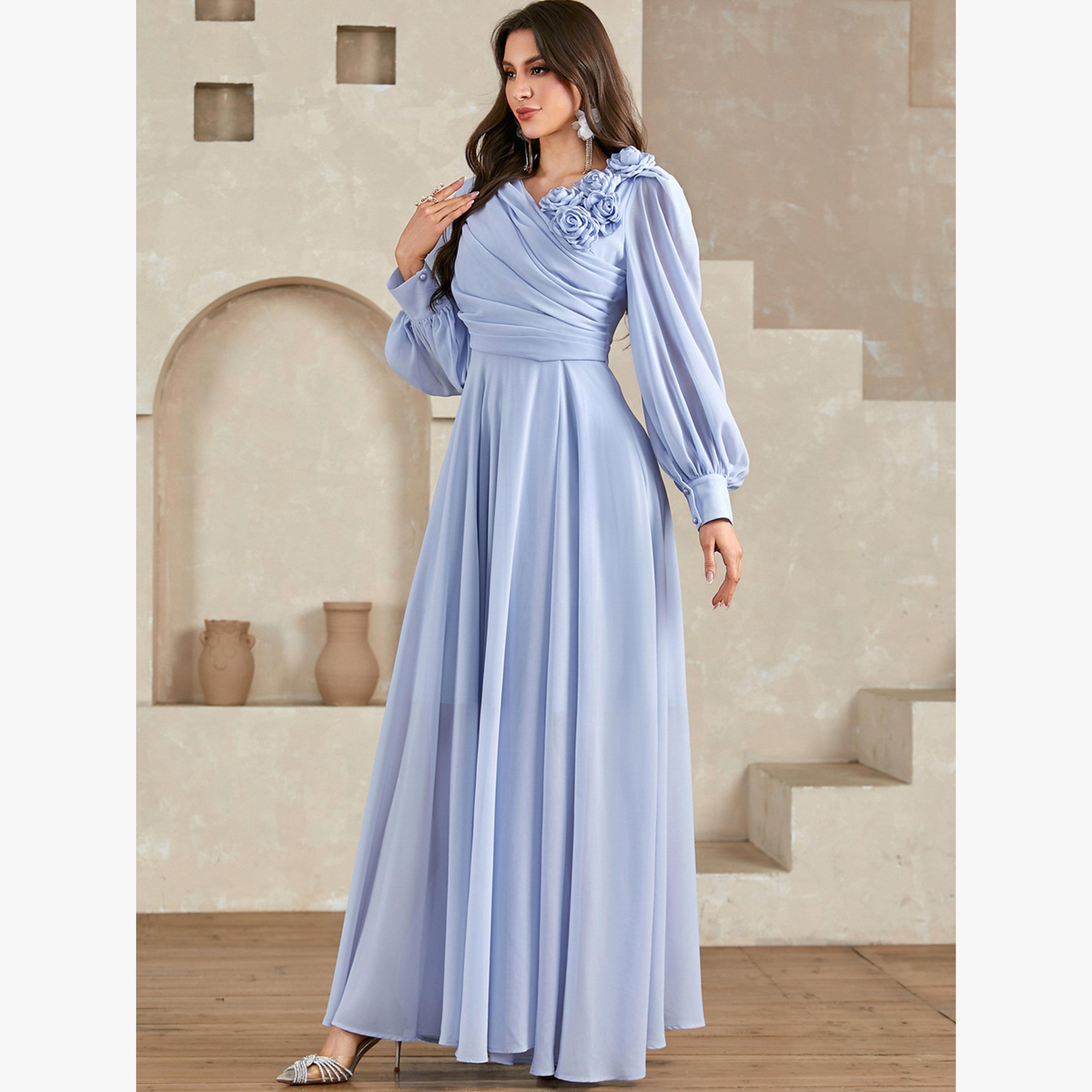 Take Two Blue 3D Flower Detail Fold Pleat Maxi Dress-women-clothing-dresses-image-4