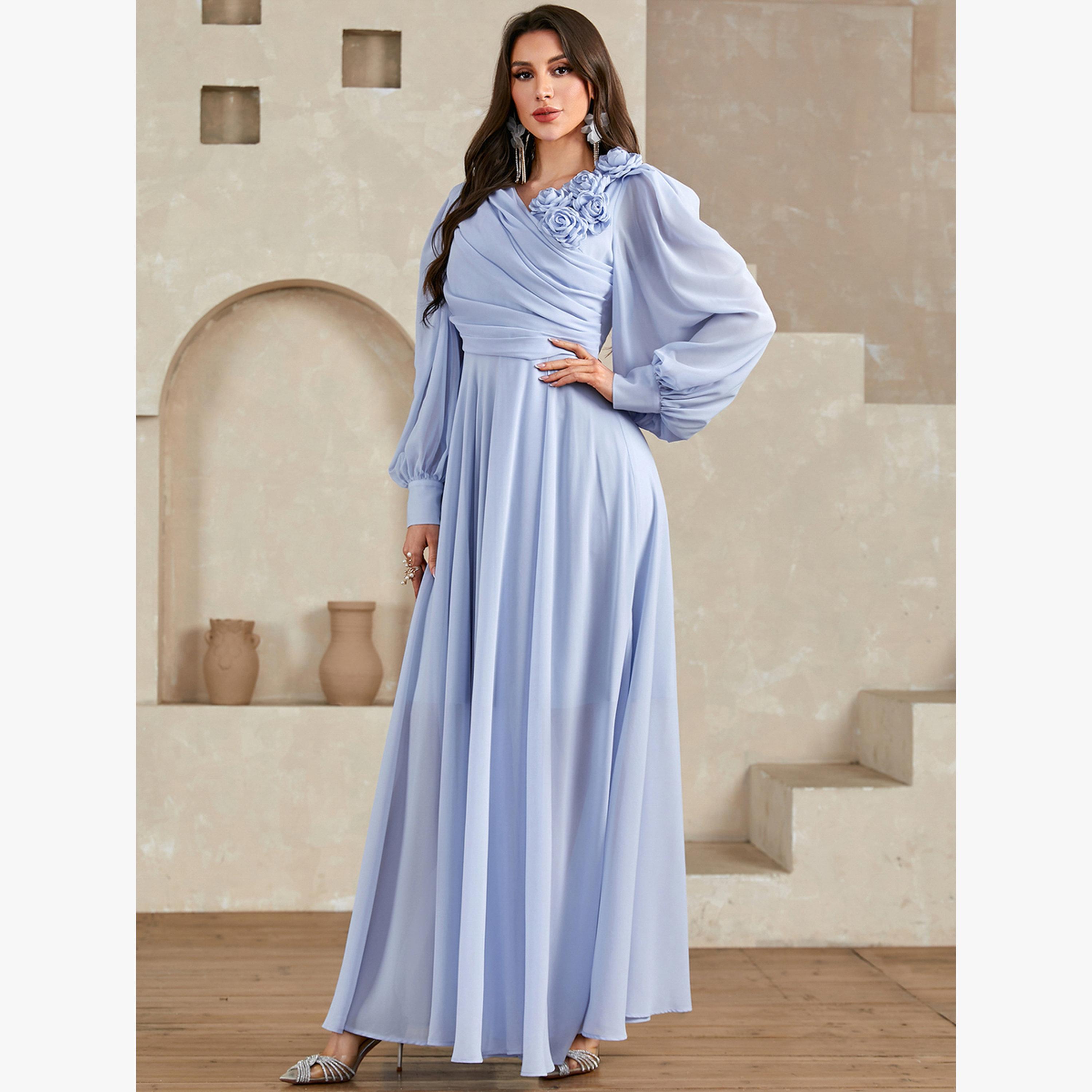 Take Two Blue 3D Flower Detail Fold Pleat Maxi Dress-women-clothing-dresses-image-6