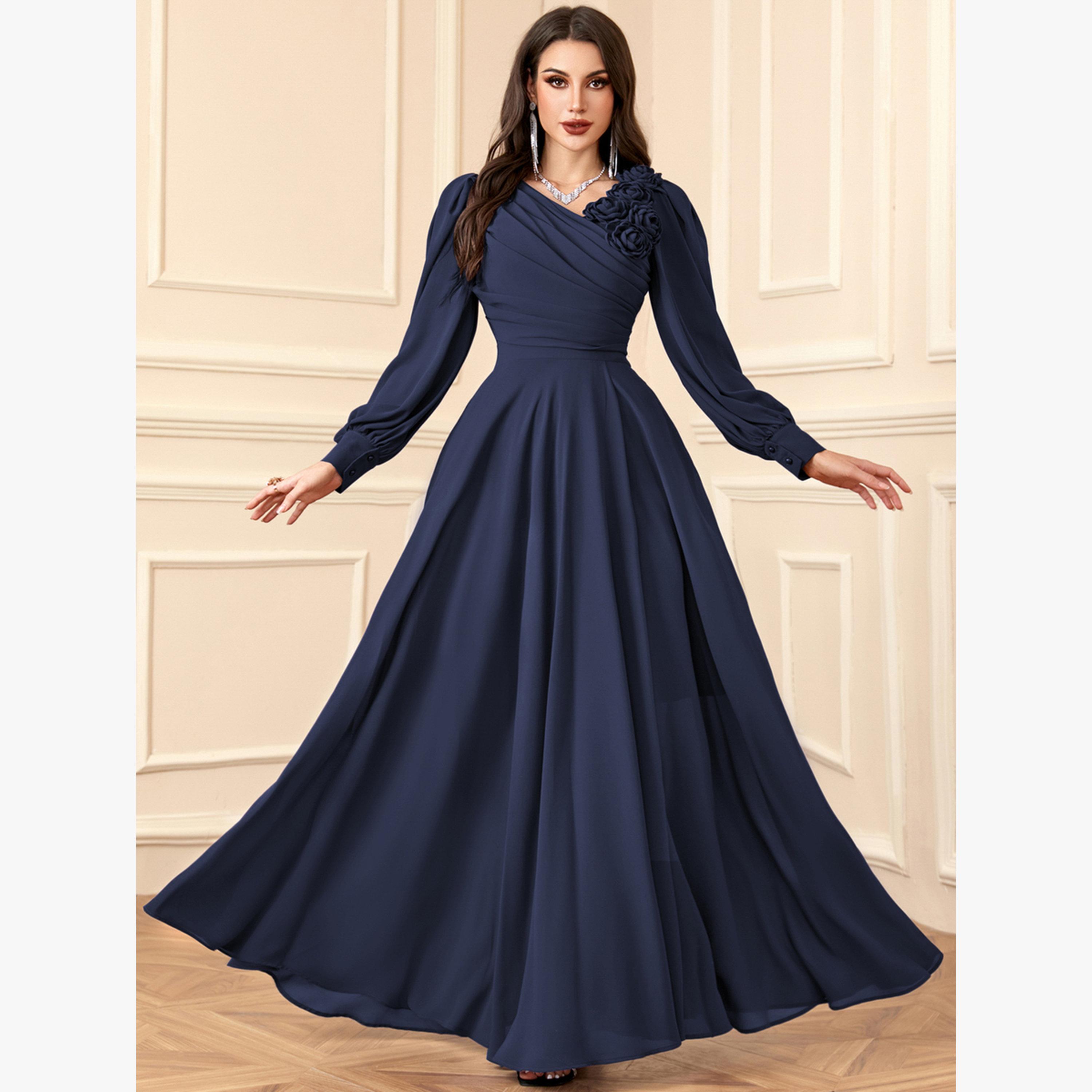 فستان طويل بكسرات وتفاصيل زهور ثلاثية الأبعاد-women-clothing-dresses-image-1