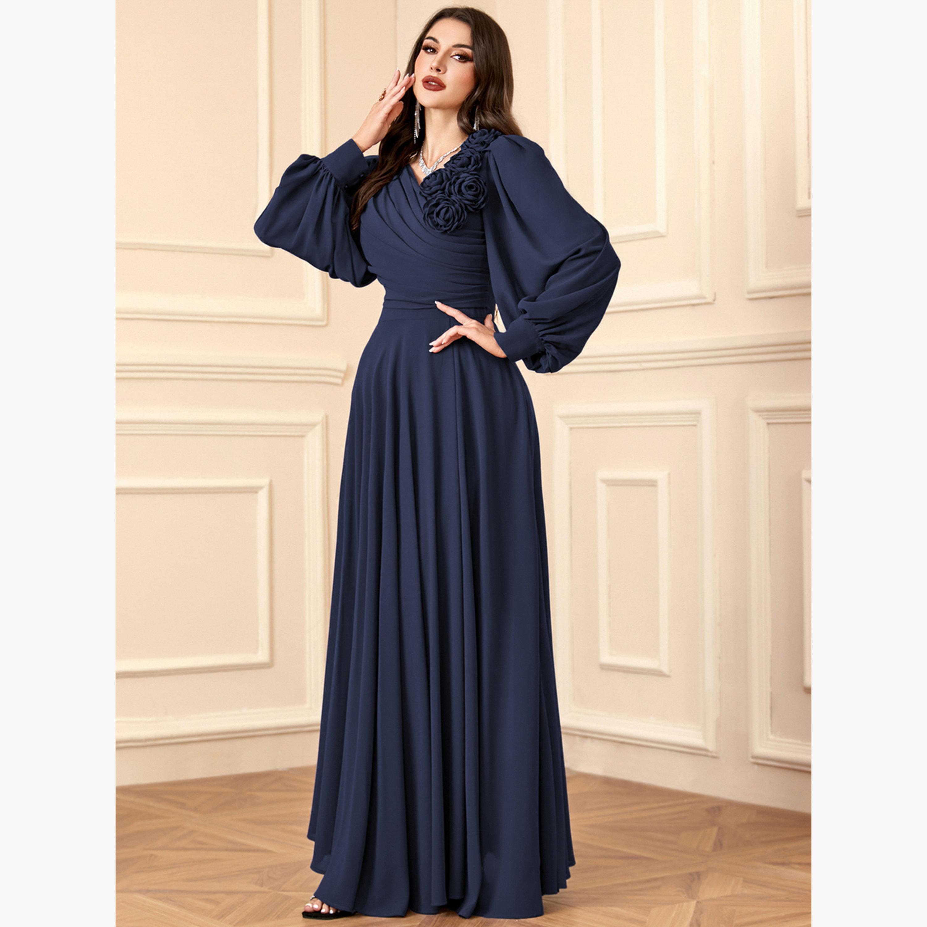 Take Two Dark Blue 3D Flower Detail Fold Pleat Maxi Dress-women-clothing-dresses-image-3