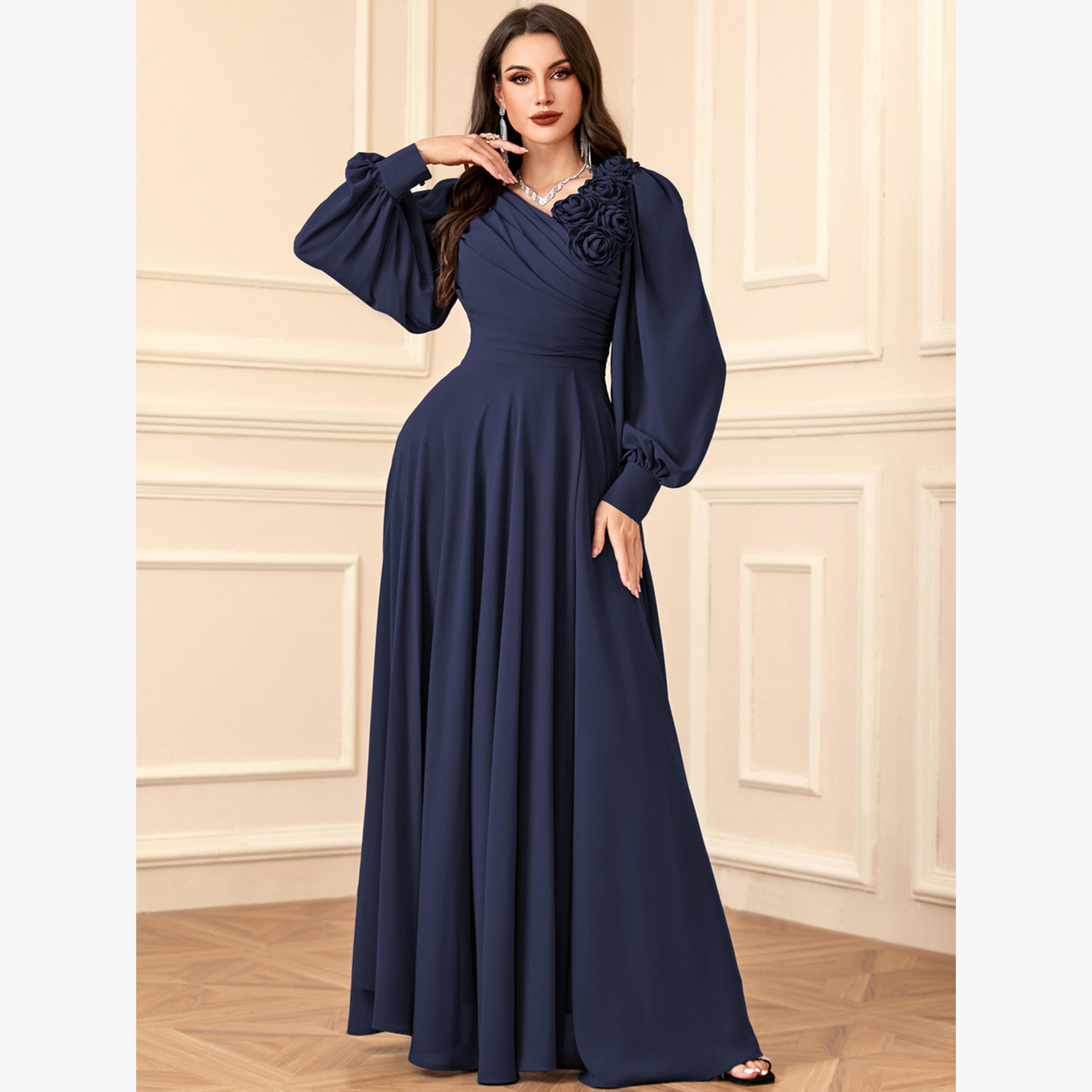 Take Two Dark Blue 3D Flower Detail Fold Pleat Maxi Dress-women-clothing-dresses-image-4