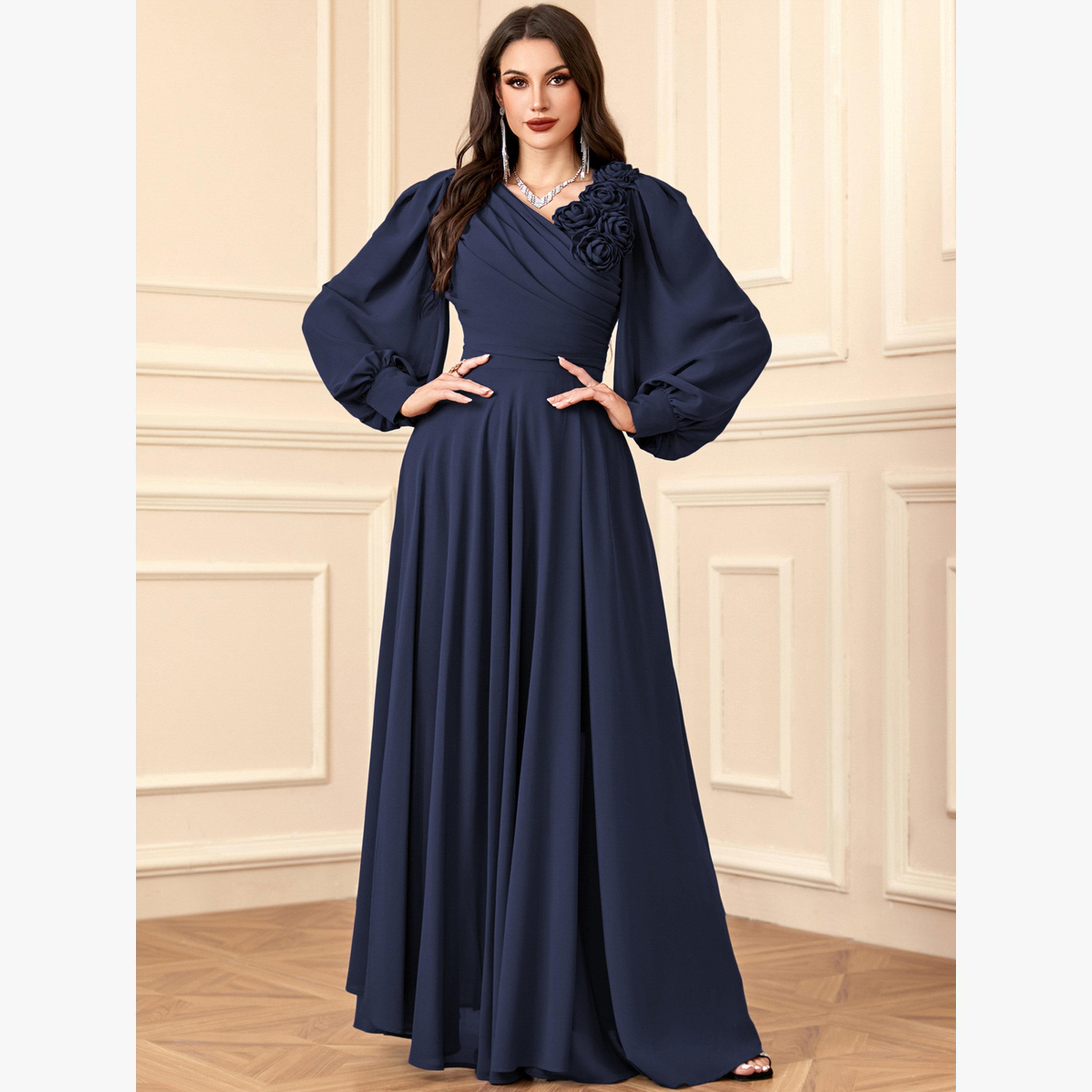 Take Two Dark Blue 3D Flower Detail Fold Pleat Maxi Dress-women-clothing-dresses-image-5