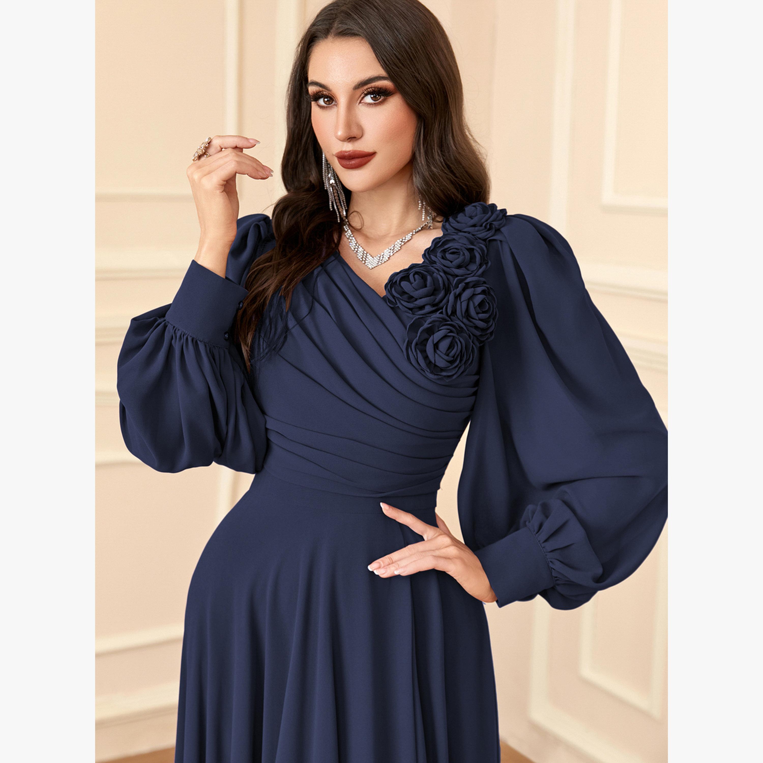 فستان طويل بكسرات وتفاصيل زهور ثلاثية الأبعاد-women-clothing-dresses-image-6