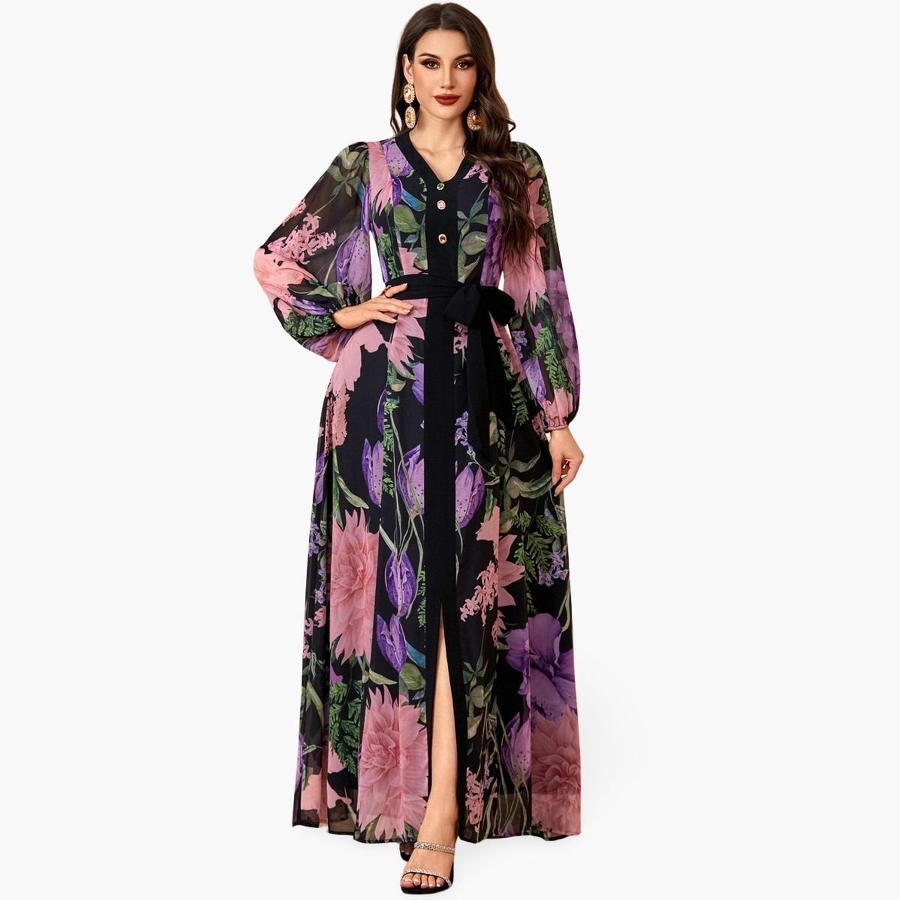 Take Two Women Floral Print Balloon Sleeve Belted Maxi Dress-women-clothing-dresses-image-1