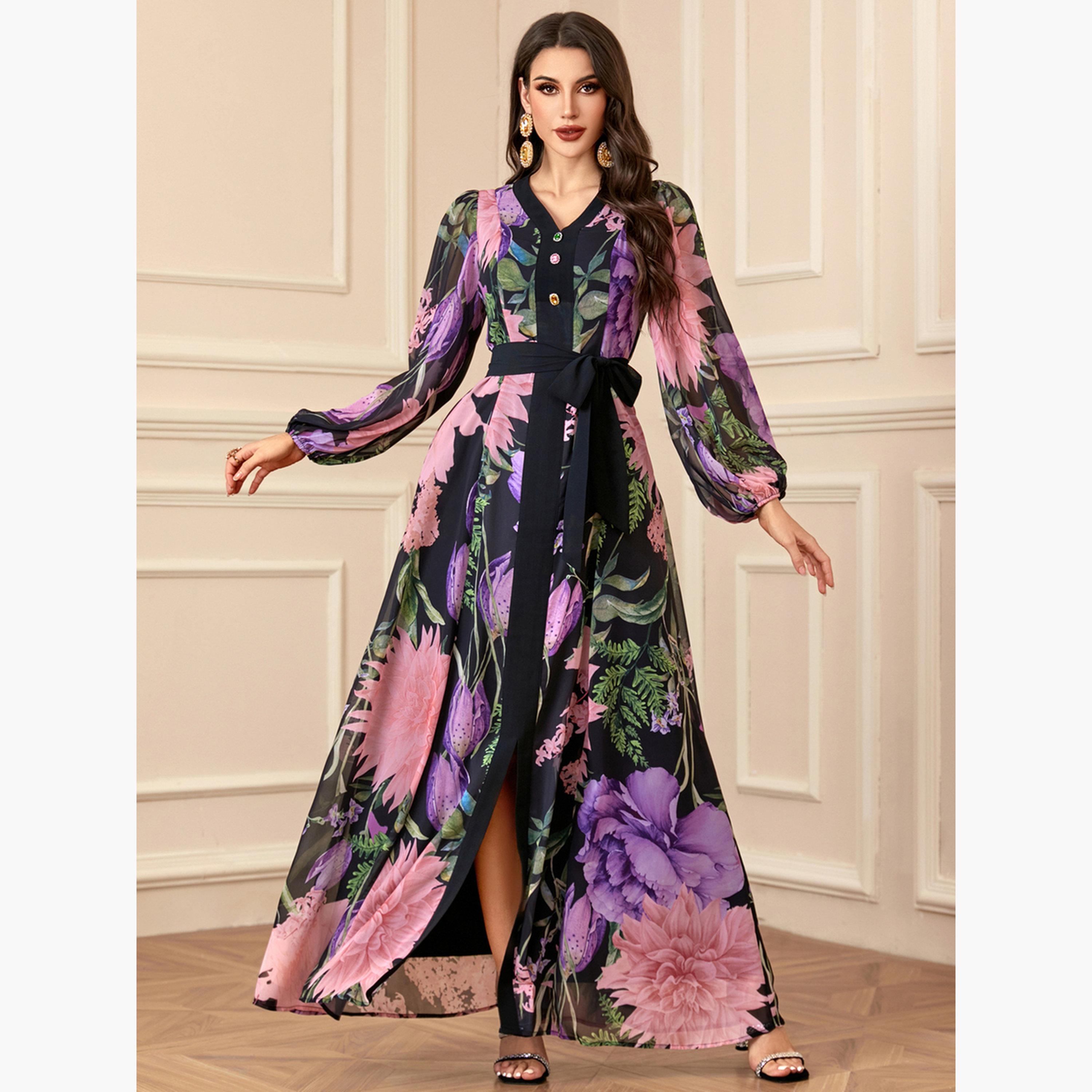 فستان طويل بحزام وأكمام بالون وبطبعة زهور-women-clothing-dresses-image-4