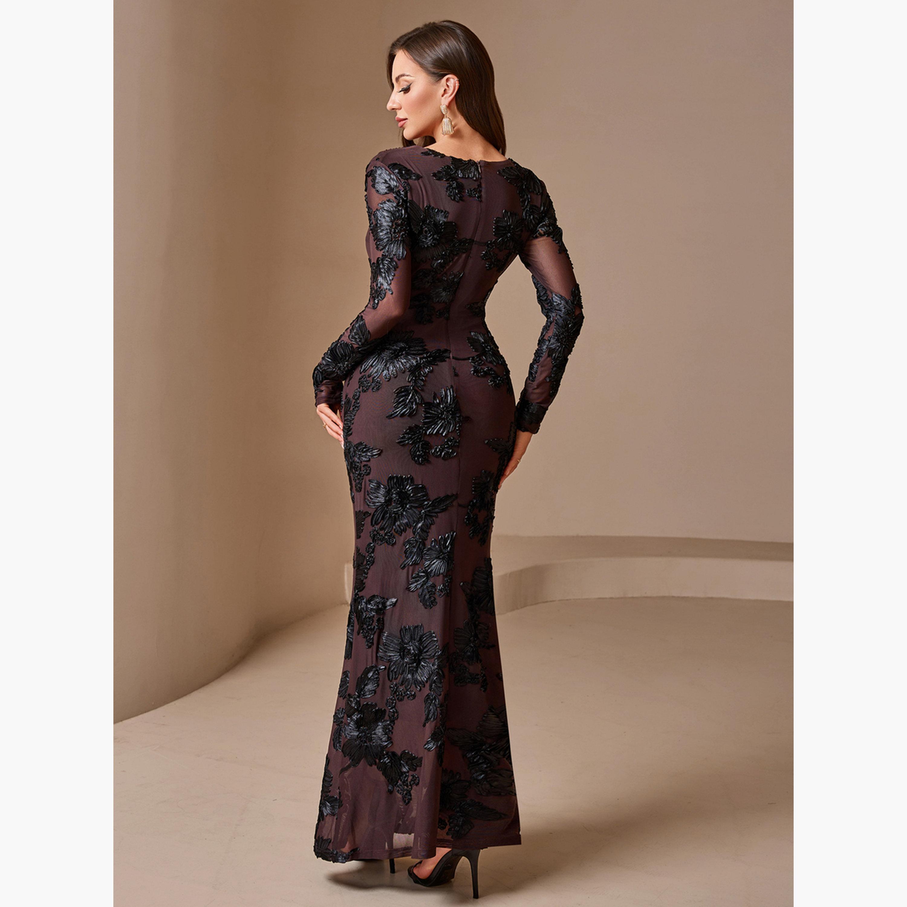 فستان طويل ضيق مزين بزهور-women-clothing-dresses-image-2