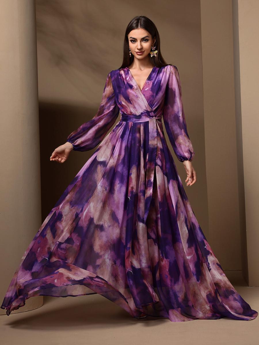 فستان طويل بحافة واسعة وحزام بطبعة تاي داي-women-clothing-dresses-image-1