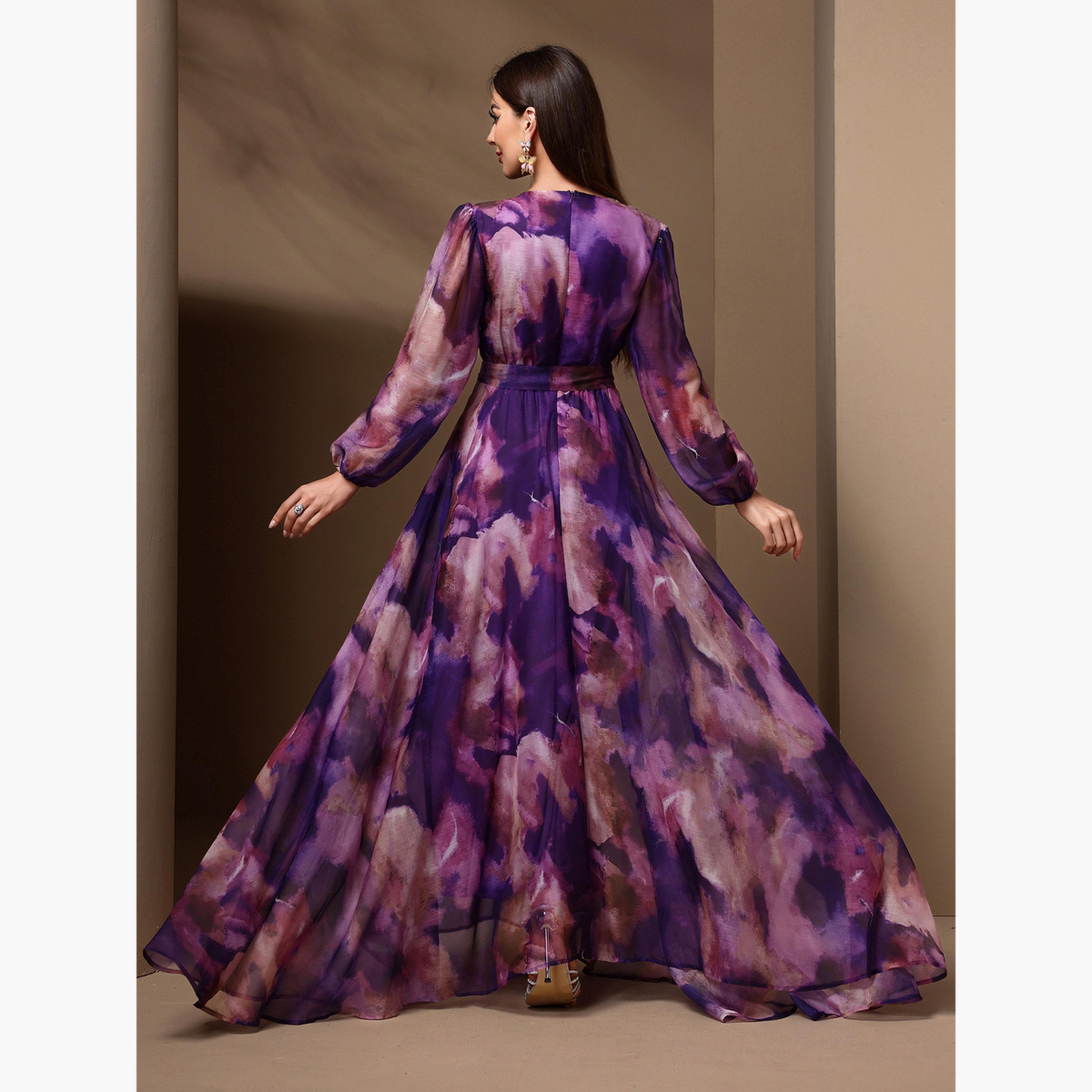 فستان طويل بحافة واسعة وحزام بطبعة تاي داي-women-clothing-dresses-image-2