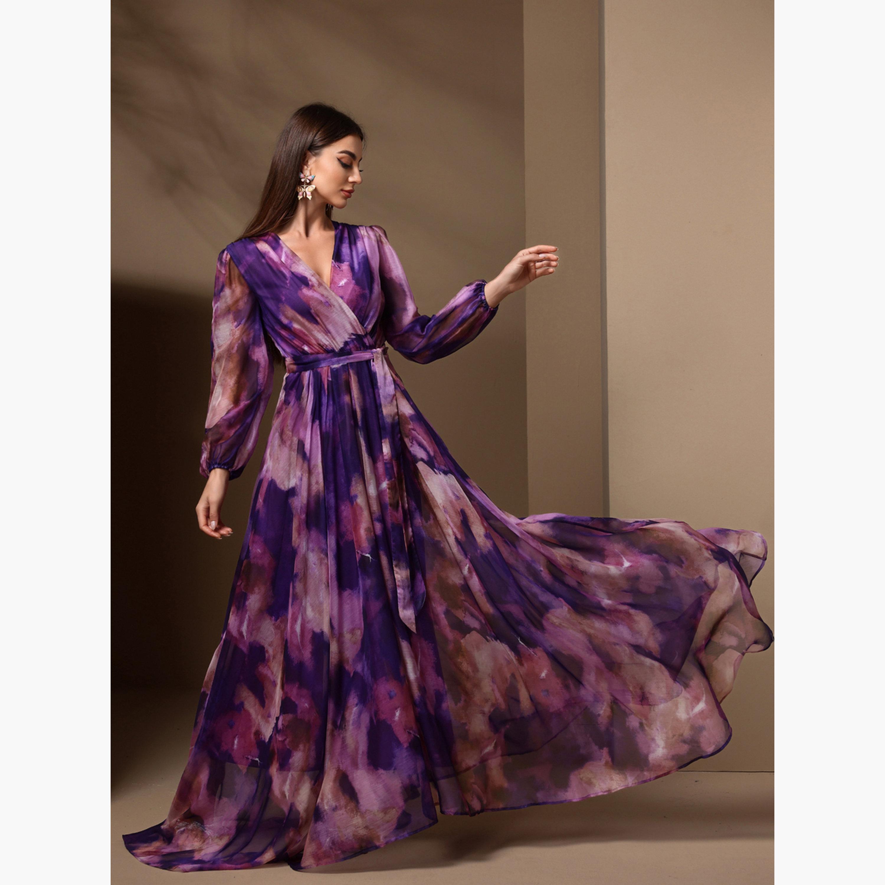 فستان طويل بحافة واسعة وحزام بطبعة تاي داي-women-clothing-dresses-image-5