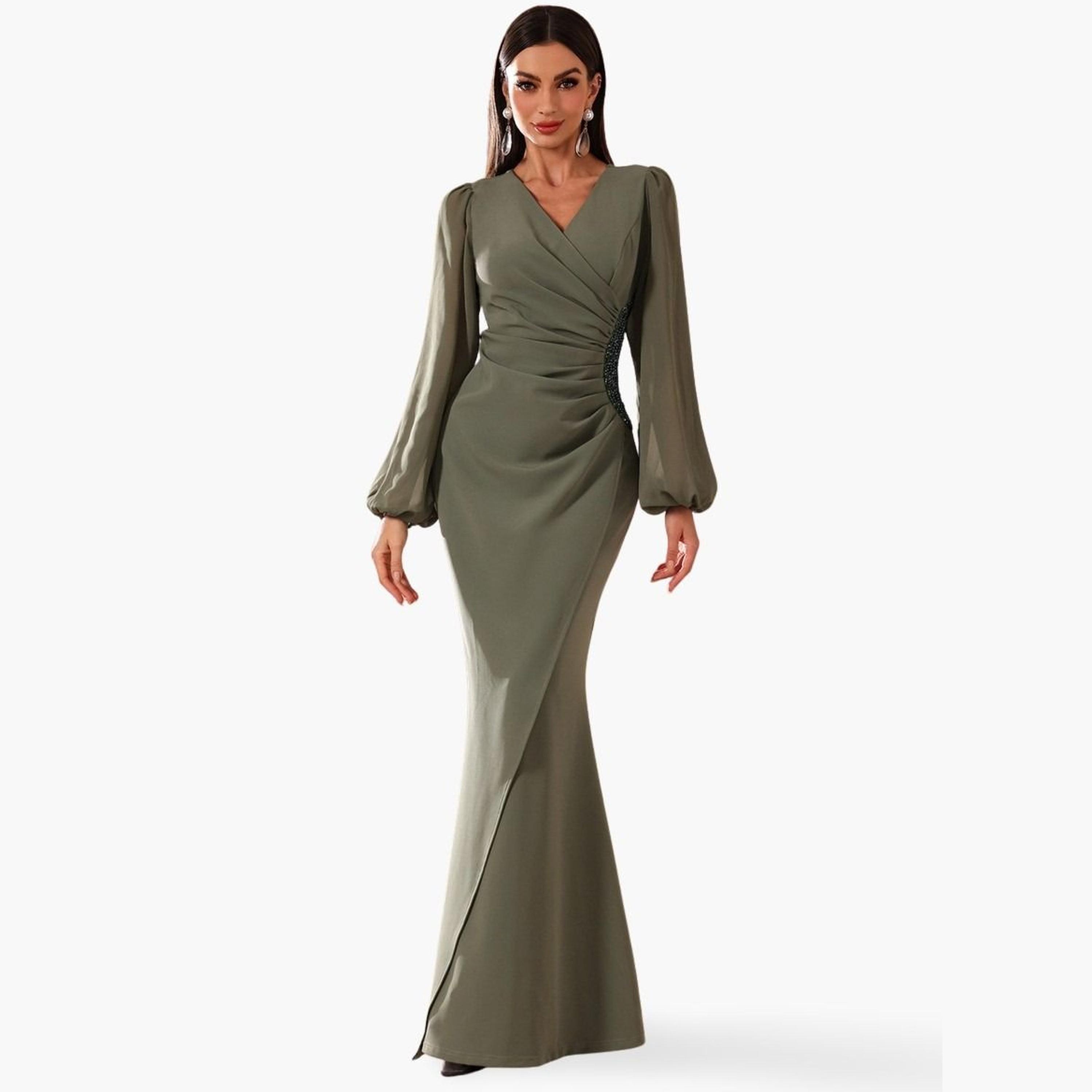 فستان طويل بحافة حورية البحر مزين ومزموم-women-clothing-dresses-image-1