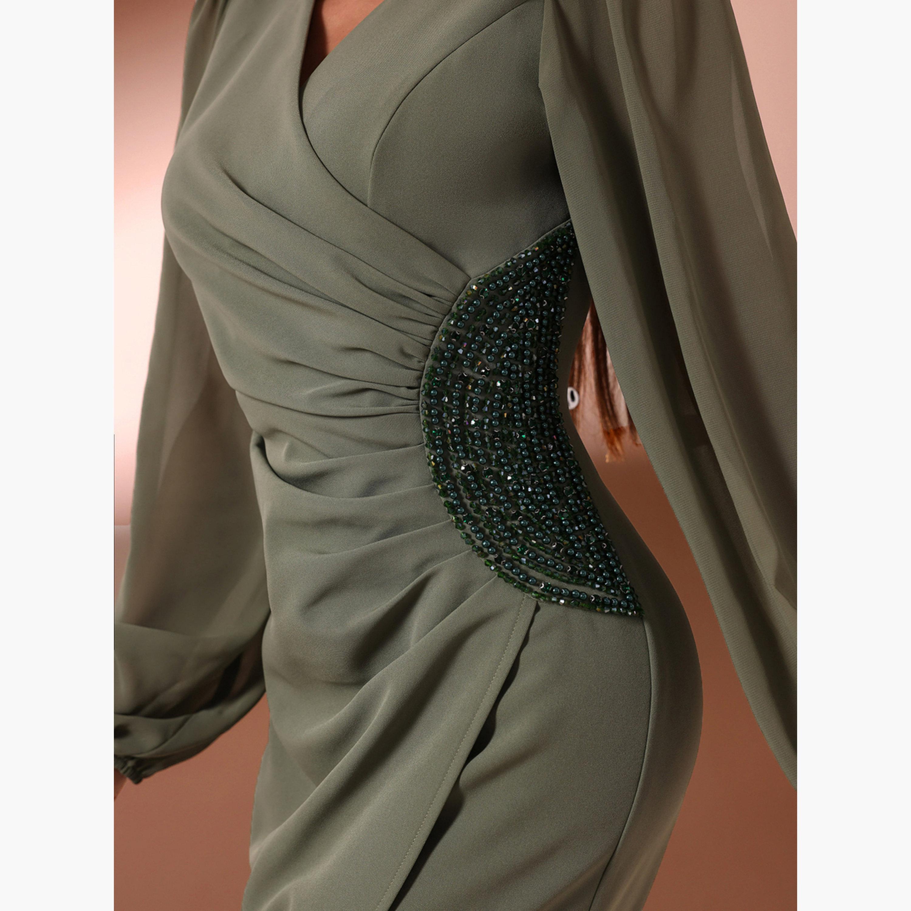 فستان طويل بحافة حورية البحر مزين ومزموم-women-clothing-dresses-image-6